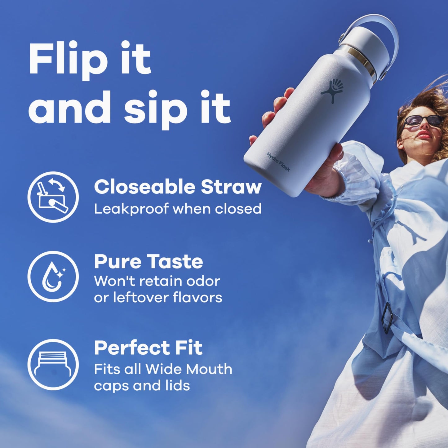 Hydro Flask Water Bottle - Insulated Stainless Steel - Wide Mouth Flex Straw Lid, Non Spill, Leakproof and Refillable in 32 Oz Surf Blue