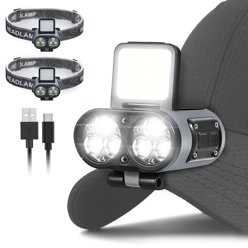 2 Pack LED Hat Clip Lights, 900LM Dimmable Rechargeable Cap Flashlight, 180° Adjustable Headlamp with Zoom & Floodlight, Waterproof Hat Light for Running, Camping, Fishing, Hiking, Emergency (Black)