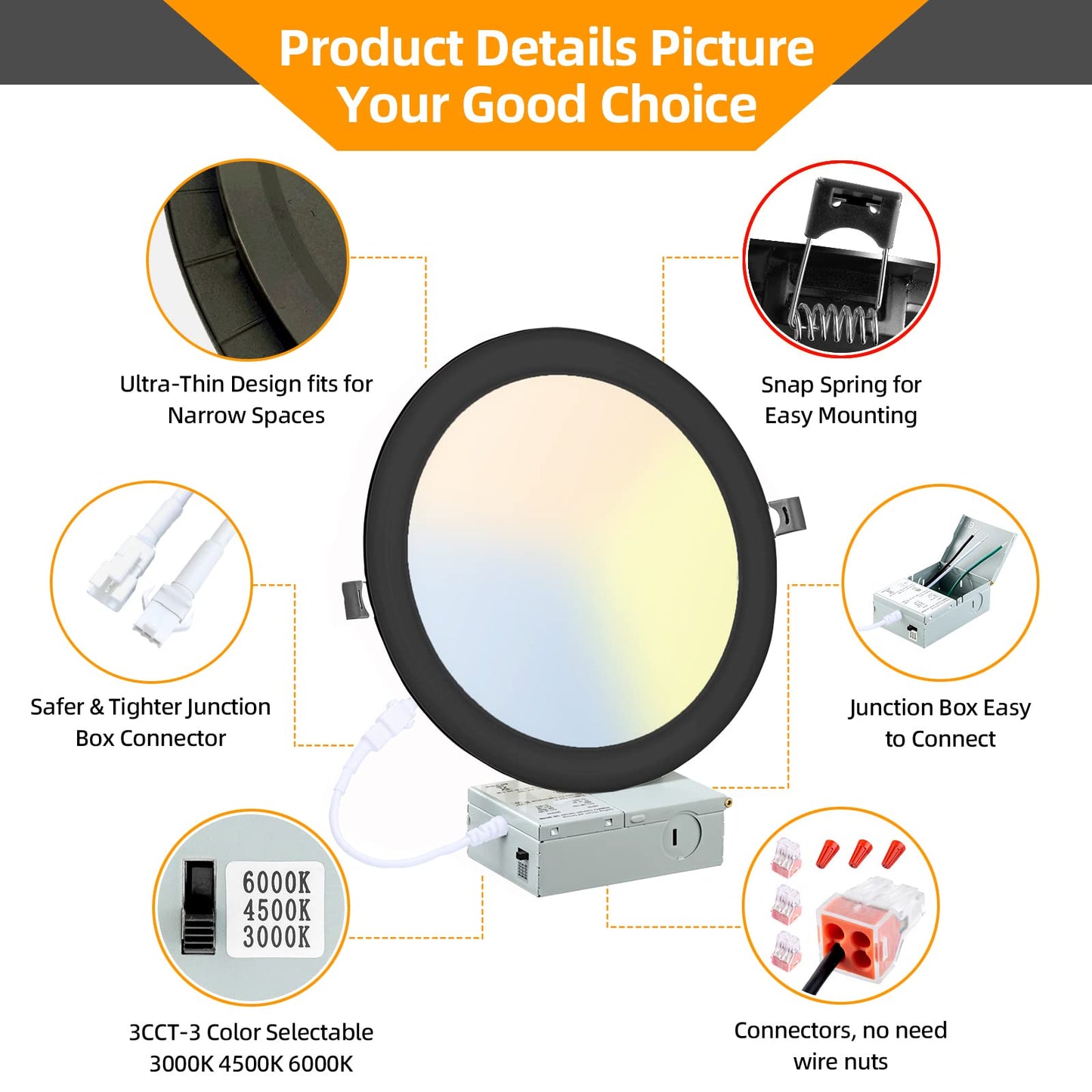 LZHOME 6 Pack 8 Inch LED Recessed Lighting with Junction Box Ultra-Thin, 3000K/4500K/6000K Selectable, 8" Dimmable Canless LED Downlight, 1800LM CRI80 High Brightness 5%-100% Recessed Light (Black)