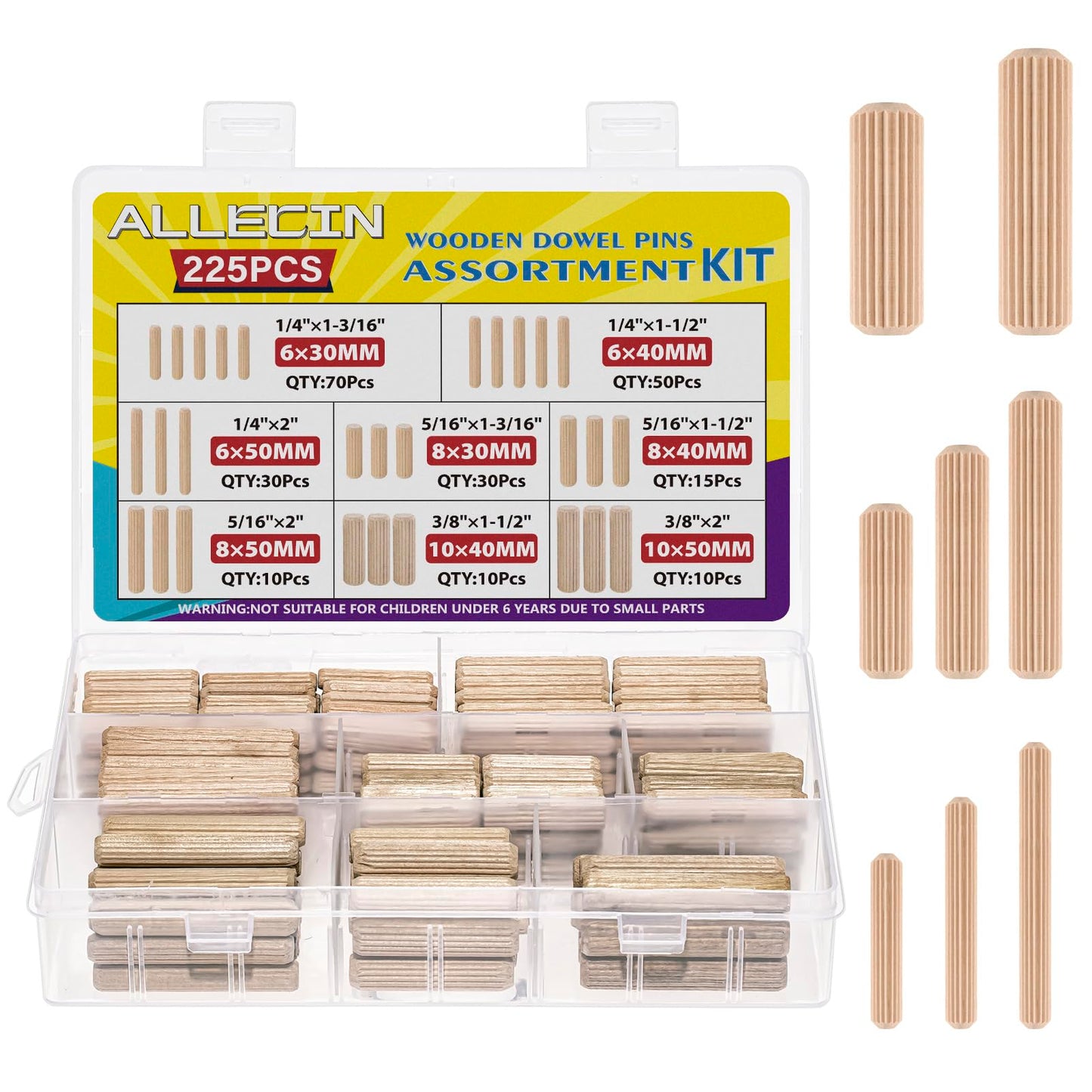 ALLECIN 8 Values Wood Dowels Kit 1/4 3/8 5/16 Inch Fluted Wooden Dowel Pins Pegs Assortment for Furniture Woodworking DIY Crafts (Pack of 225Pcs)