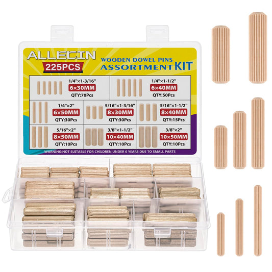 ALLECIN 8 Values Wood Dowels Kit 1/4 3/8 5/16 Inch Fluted Wooden Dowel Pins Pegs Assortment for Furniture Woodworking DIY Crafts (Pack of 225Pcs)