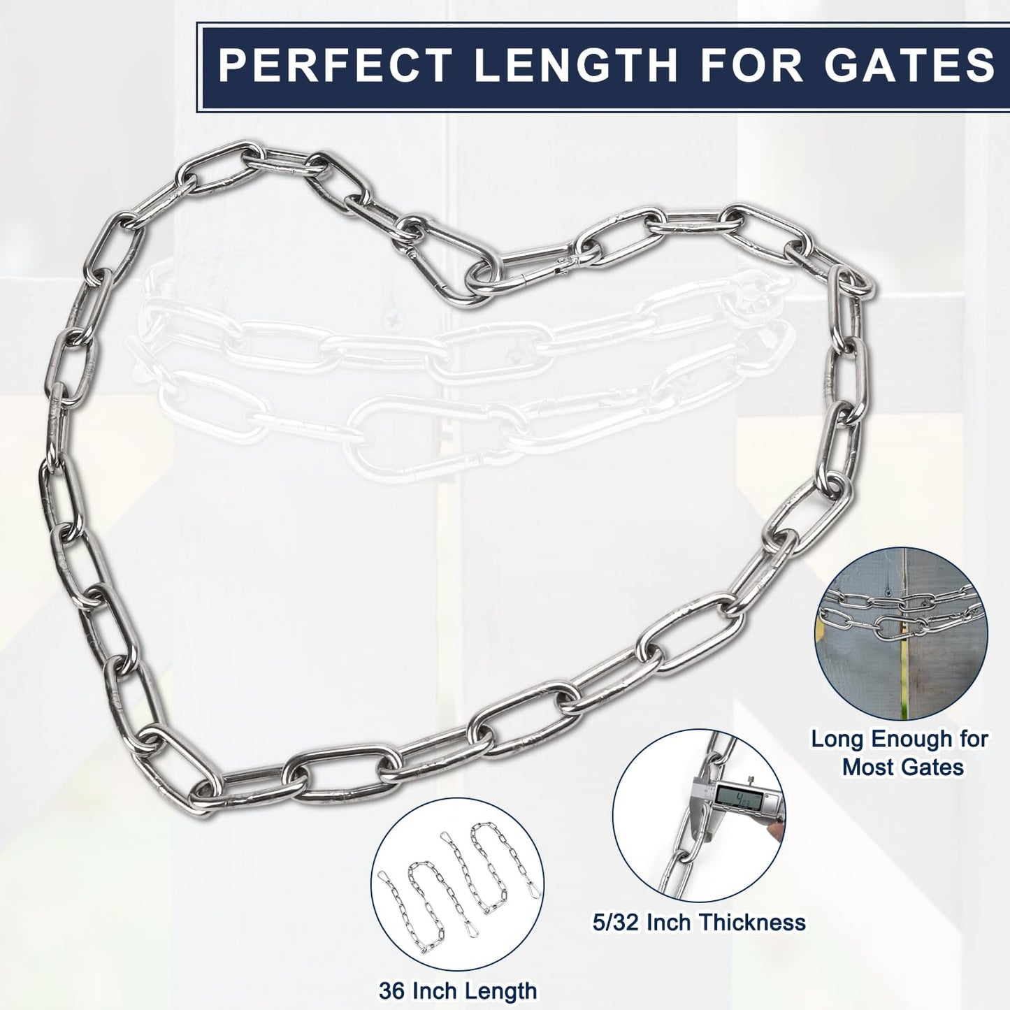 2 Pack Outdoor Fence Gate Chains, 5/32 x 36 Inch Mental Chain Fence Lock with Spring Hooks Easy to Open and Close, Silver Safety Gate Chain Link for Livestock, Ranch, Barn Urkupoo (Extended)