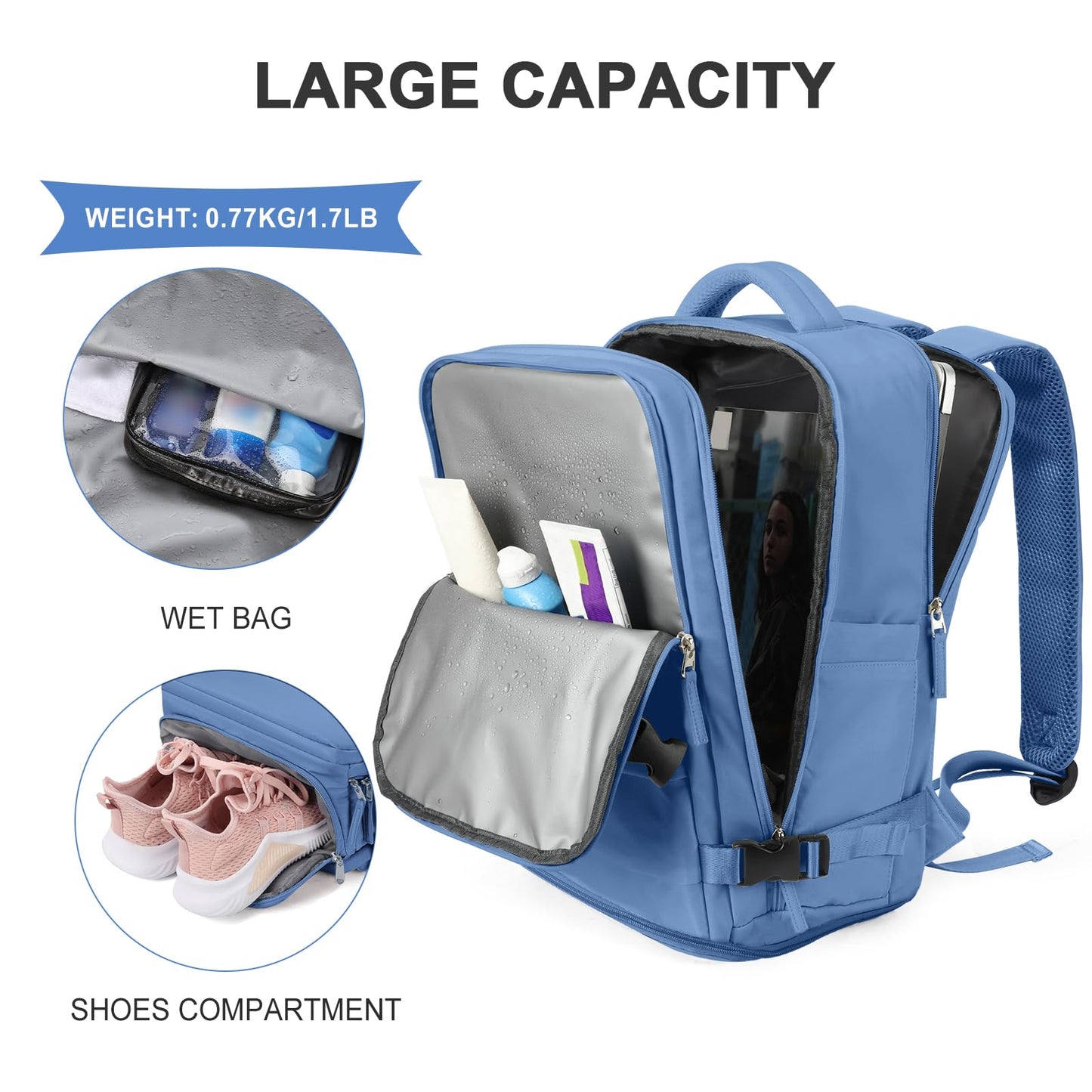 coowoz Travel Backpack for Women Men,Carry On Backpack,Hiking Backpacks Outdoor Sports Rucksack Casual Daypack Travel Essentials Sky Blue