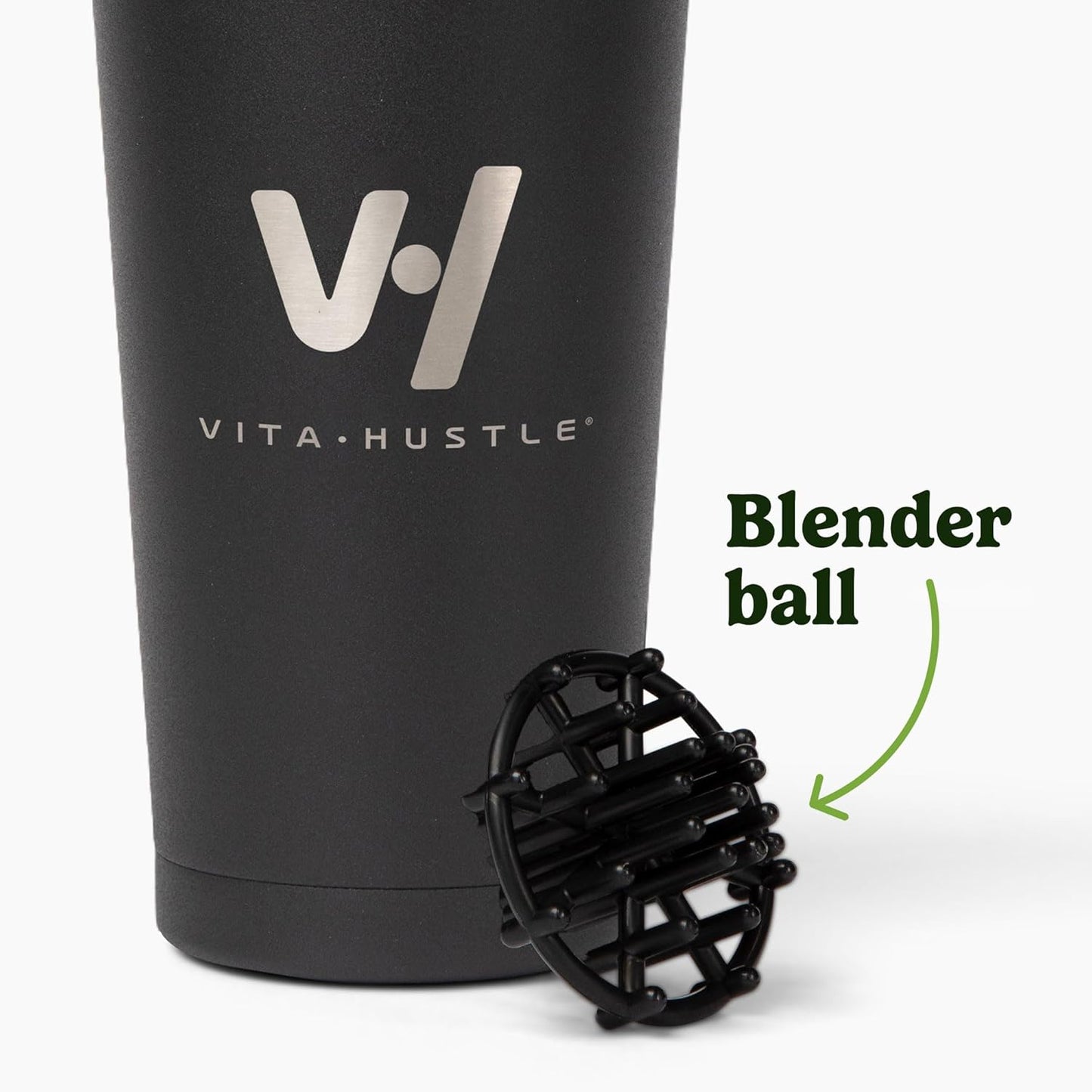 VitaHustle Stainless Steel Shaker Cup with Twist Cap, Leakproof, Blender Ball, Perfect for Protein Shakes or Post Workout, Fits Car Cup Holder, BPA Free, 20 oz (Black)