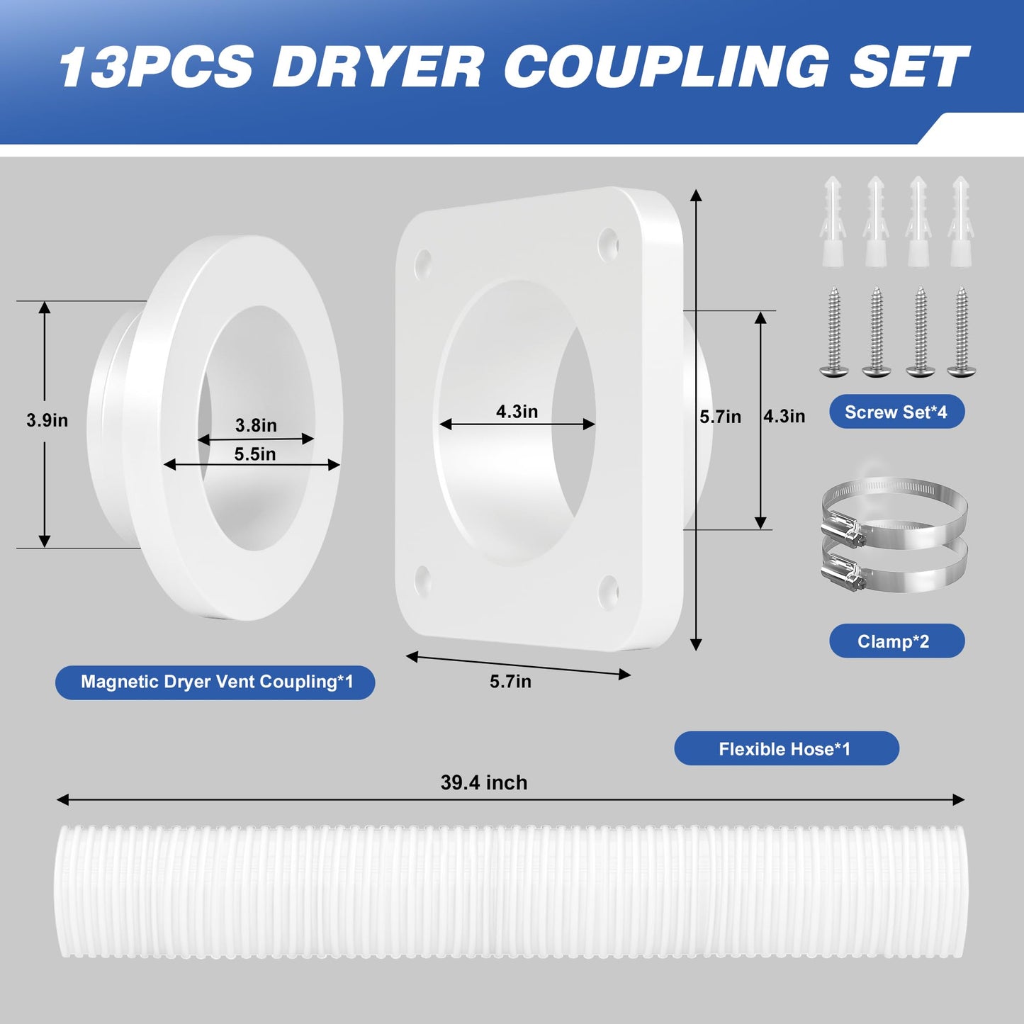 RDXTIK Magnetic Dryer Vent Connector, DV180 Airtight Seal Dryer Vent Coupling Kit with 4" 3.3ft Duct, Quick Connector For Tight Space and Easy to Clean