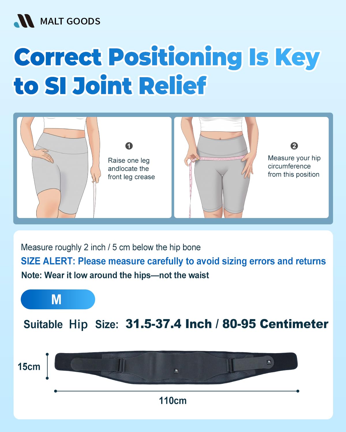 MALT GOODS Widened SI Joint Belt with 3D Massage Pads – Anti-Slip Sacroiliac Brace with Enhanced Stability for Pelvic & Sciatica Pain Relief. Breathable SI Support Belt for Women & Men (M)