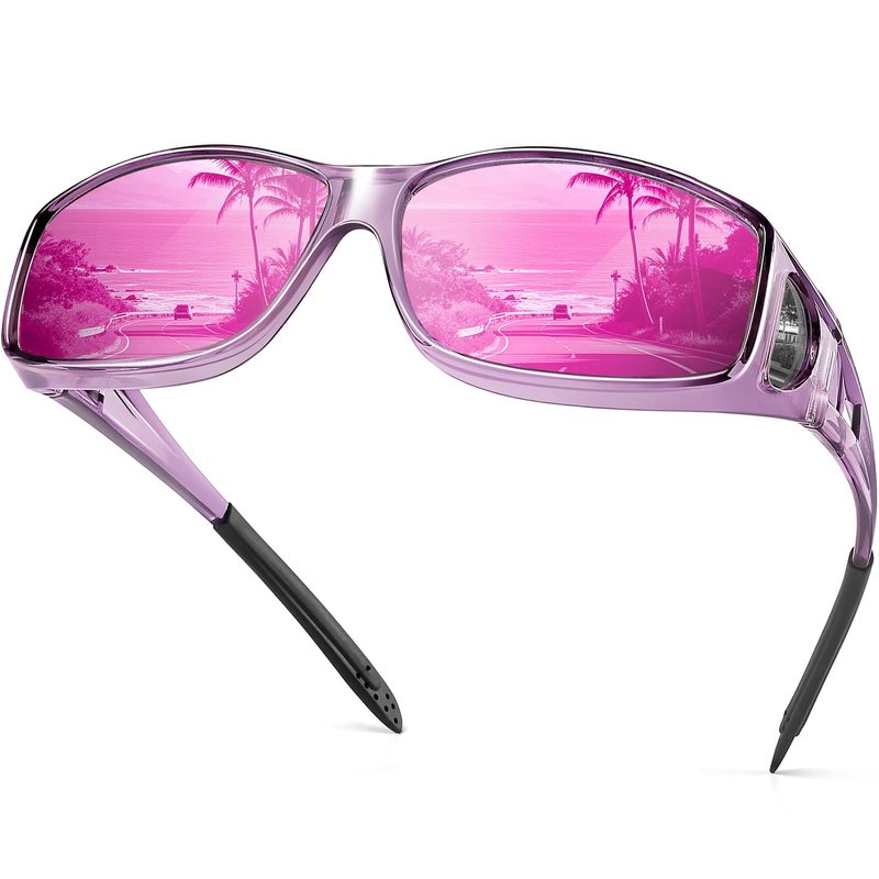 Each Cool Night Driving Glasses Night Vision Glasses Fit Over Glasses Polarized Anti-Glare UV400 for Men Women (Purple Mirrored Lens/Transparent Purple Frame)