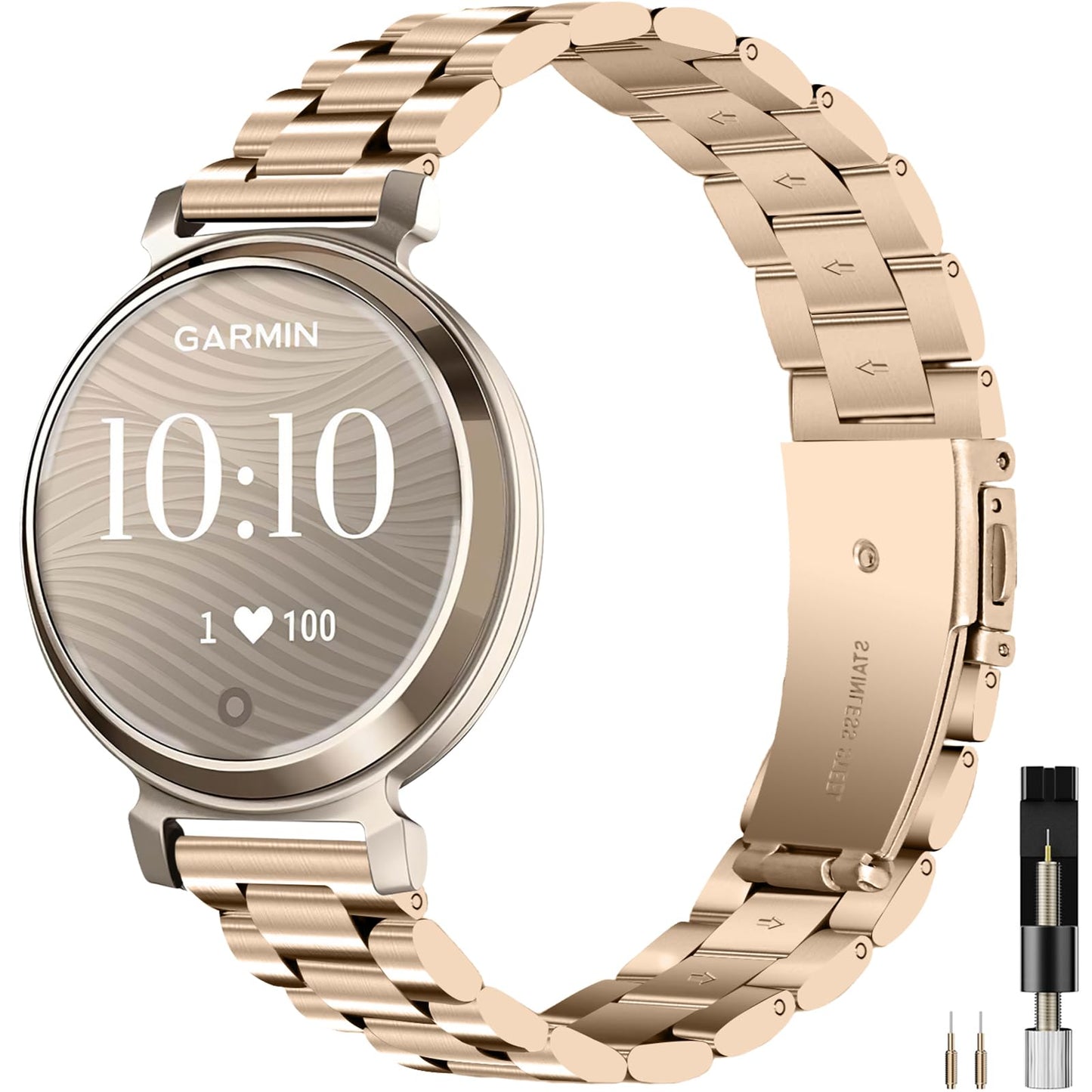 Miimall Metal Band Compatible for Garmin Lily 2/2 Active Band, Lightweight, Women Slim Luxury Stainless Steel Chain Replacement Bracelet Fancy Adjustable Wristband for Lily 2/2 Active, Champagne Gold