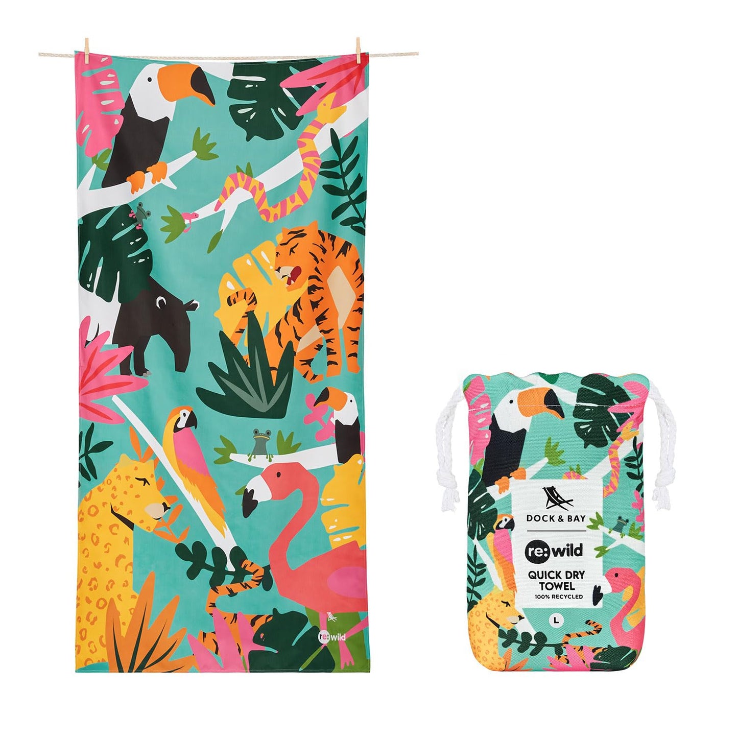 Dock & Bay Beach Towel - Quick Dry, Sand Free - Compact, Lightweight - 100% Recycled - Includes Bag - Wild Things - Extra Large (200x90cm, 78x35)