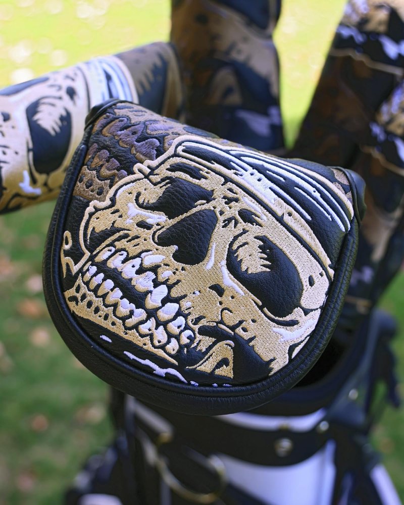 Skull Skeleton Mallet Putter Cover, Golf Club Covers with Magnetic Closure, Premium PU Leather and Advanced Embroidery with Velour Lined Golf Head Covers for Most Brands - Golden Black