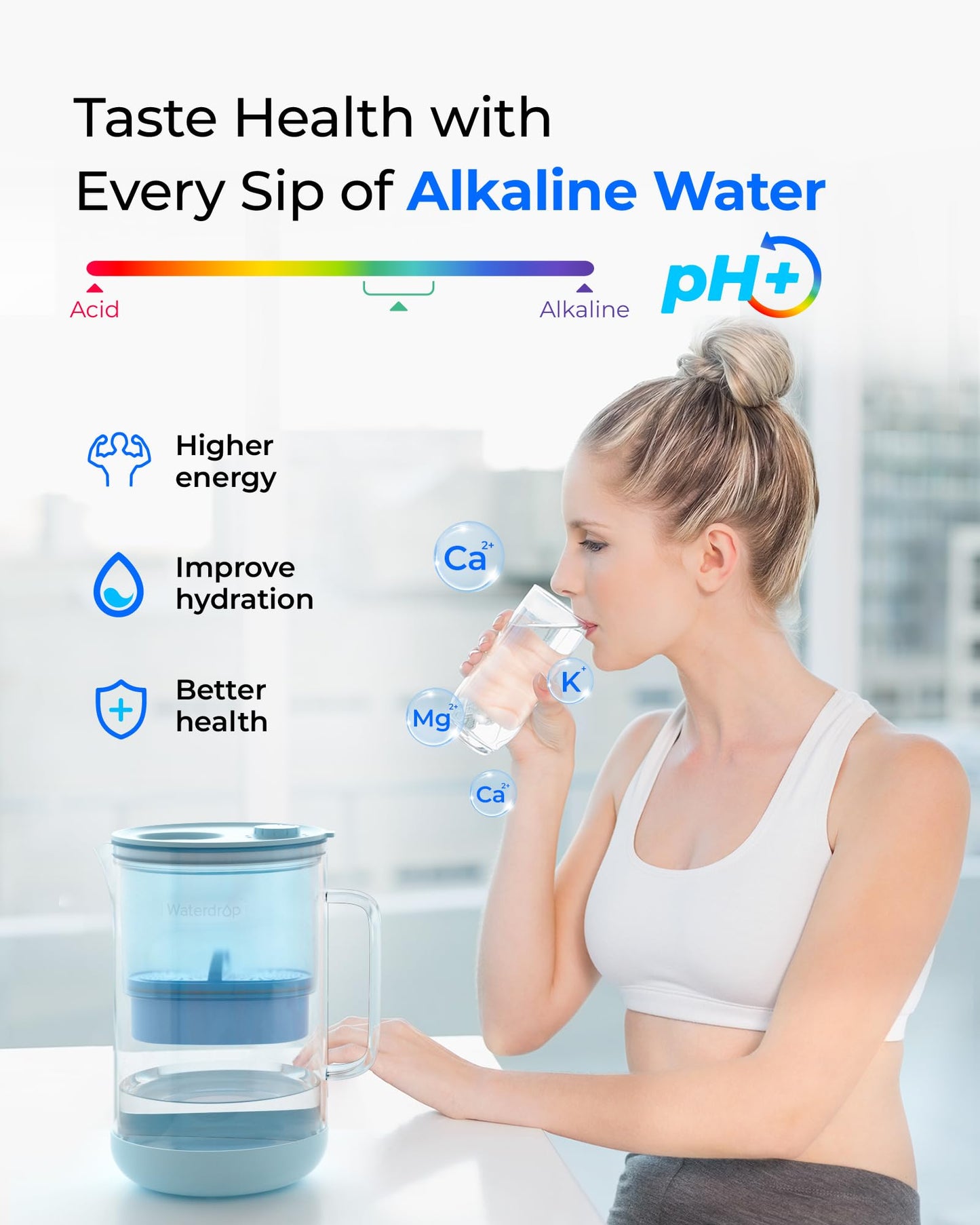Waterdrop Large Glass Alkaline Water Filter Pitcher with 1 Filter, Enhances Alkaline Water, Eco-Friendly, 10-Cup, for Home and Office, Reduces PFOA/PFOS, Chlorine, Cadmium, Copper, Mercury, Blue