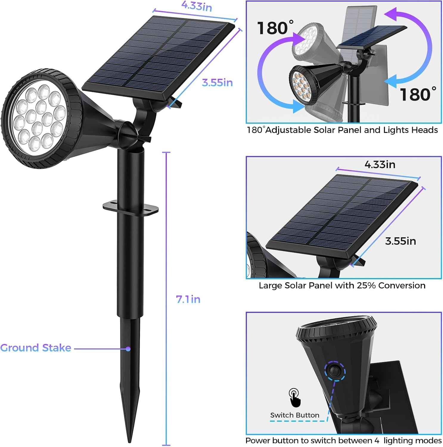 Solar Spot Lights Outdoor - 8 Pack Waterproof Adjustable Landscape Lights for Garden & Pathway