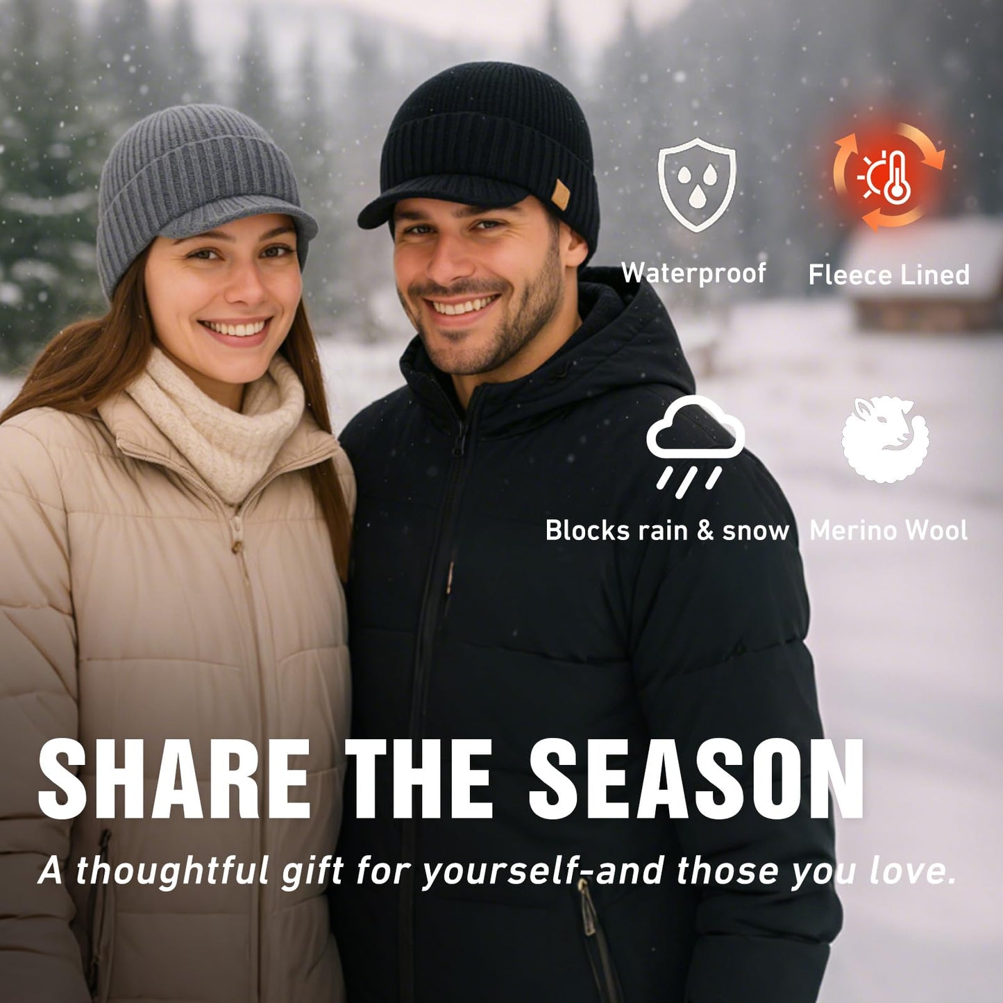 TOP-EX Dryknit Waterproof Merino Wool Mens Winter Ski Beanie Hat with Brim Fleece Lined Thermal Knit Cap for Hiking & Cold Weather Black M/L