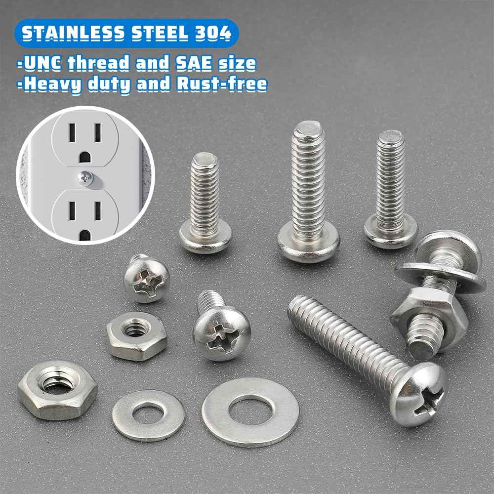 351Pcs Nuts and Bolts Assortment Kits 304 Stainless Steel Machine Screw，SAE 8 Szie #10-24#8-32#6-32 Assorted Nuts Washers Set and Phillips Pan Head Bolt