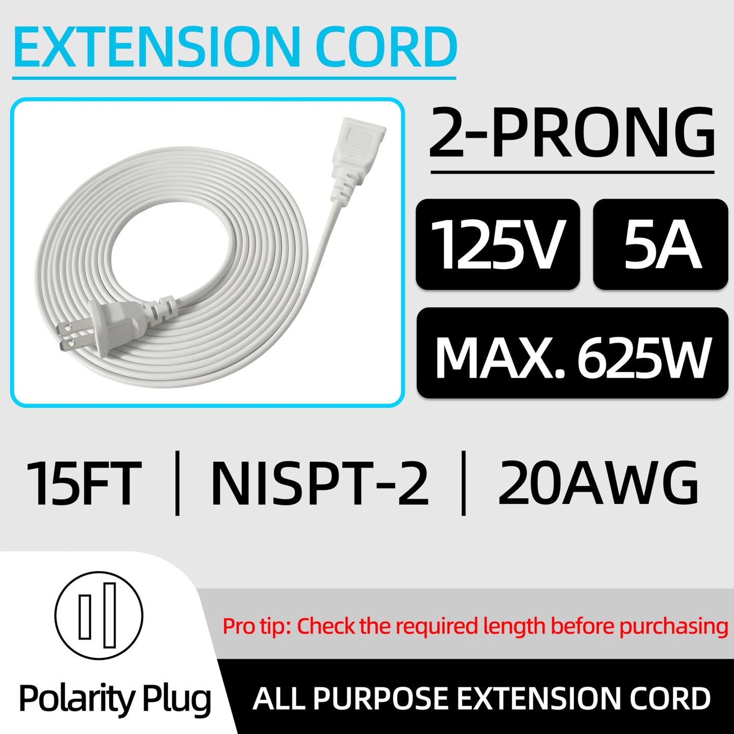 2 Prong Polarized White Extension Cord 15 feet Thin Power Cable Male to Female, 125V 5A 625W for Indoor/Home Use, Slim Design for Christmas Lights, Halloween Decor, Lamps & Small Appliances (1Pack)