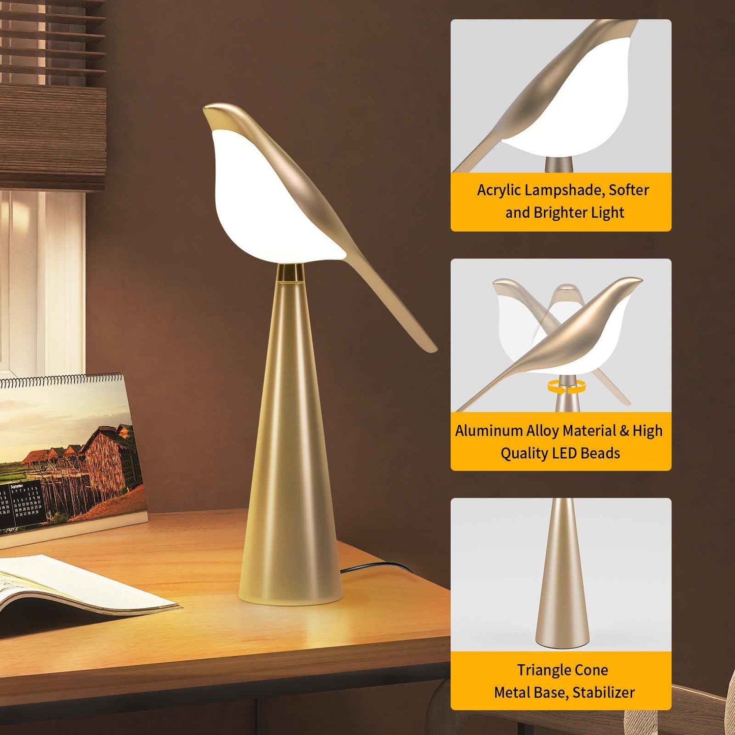 Xhope4u Small Desk Lamp, Bird Lamp, 10 Level Dimmable Brightness Bedside Night Light, Bedroom Table Lamp for Dorm, Office, Gifts, Reading, 3 Colors, Metal Finish, Gold, 360° Rotation