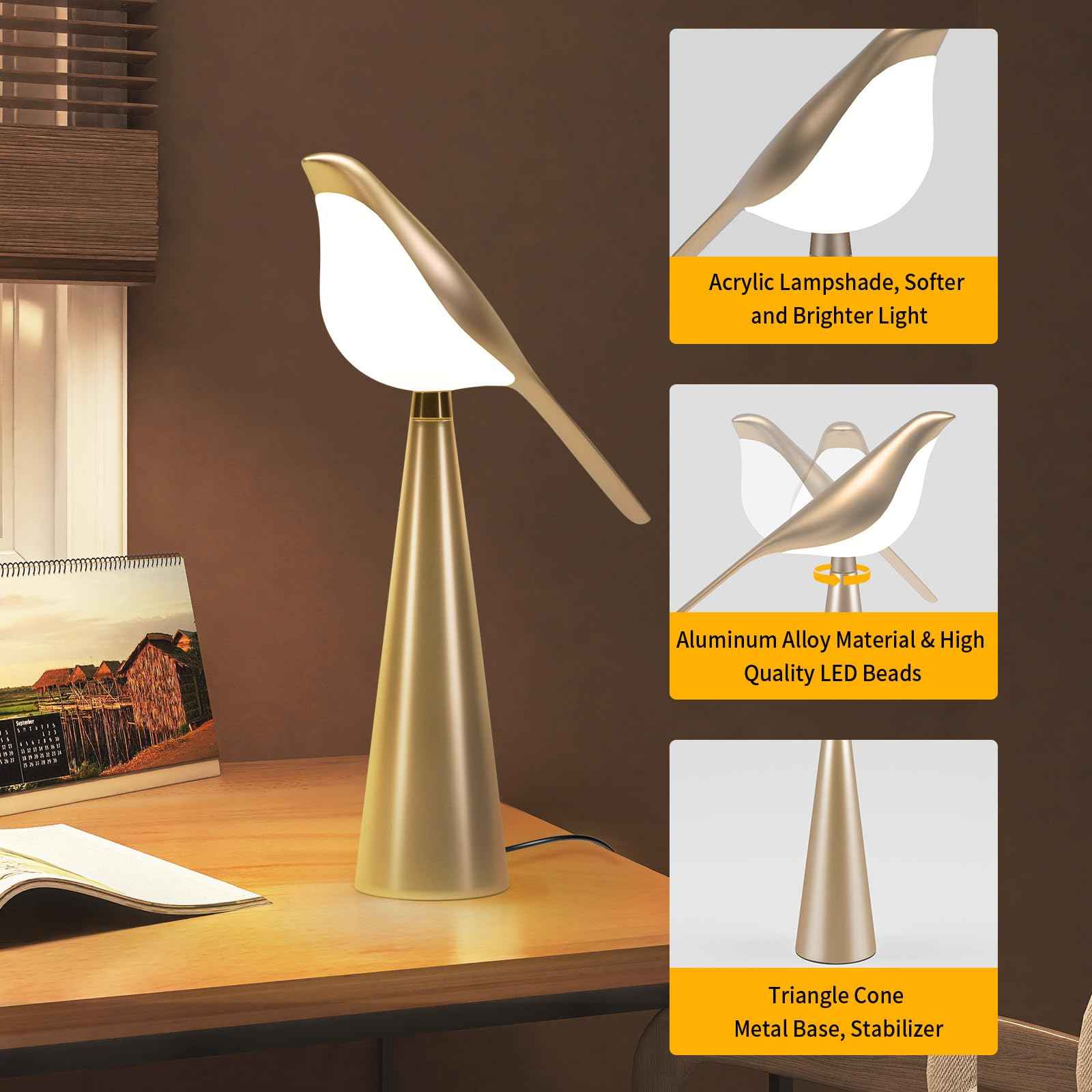 Xhope4u Small Desk Lamp, Bird Lamp, 10 Level Dimmable Brightness Bedside Night Light, Bedroom Table Lamp for Dorm, Office, Gifts, Reading, 3 Colors, Metal Finish, Gold, 360° Rotation