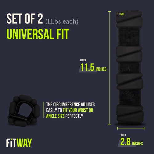 FITWAY Ankle Weights for Women and Men – Set of 2 (1 lb Each) 11.5" Adjustable Ankle Wrists Legs Arms for Walking Pilates Cardio Yoga Workouts – Secure Velcro Soft Neoprene - BLACK