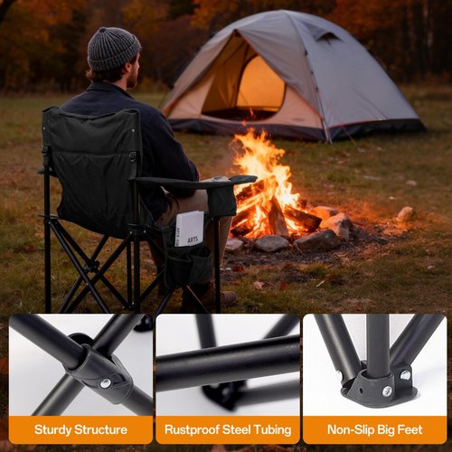 ceamorfco Heated Camping Chairs, Foldable Camping Chairs with 2 Cup Holders for Outdoor Sports,Folding Chair with 3 Heating Level for Back and Seat, Supports 400Lbs, Battery Not Include, Black & Grey