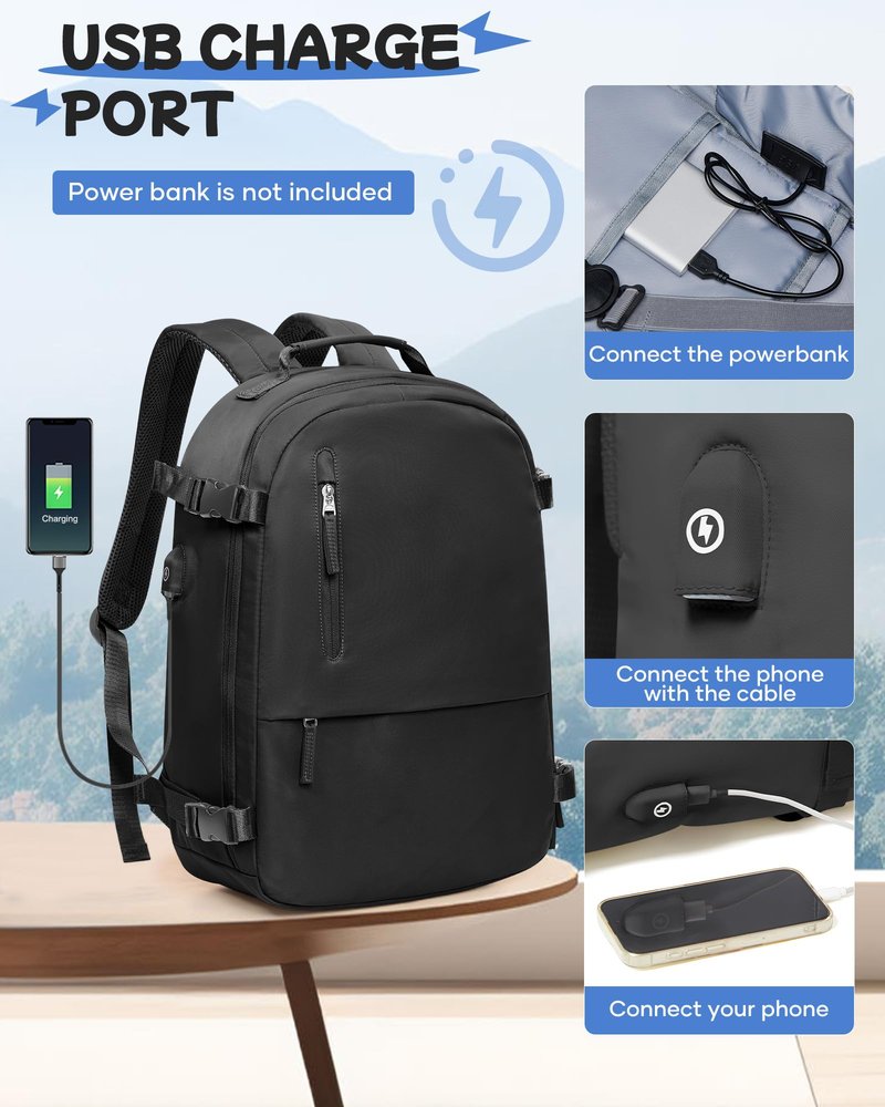 SEAFEW Black Vacuum Travel Backpack with Electric Pump, Carry on Backpack Flight Approved for Women, Casual Daypacks Cabin Bagage, Hiking Backpack Lightweight Rucksack with USB Charger
