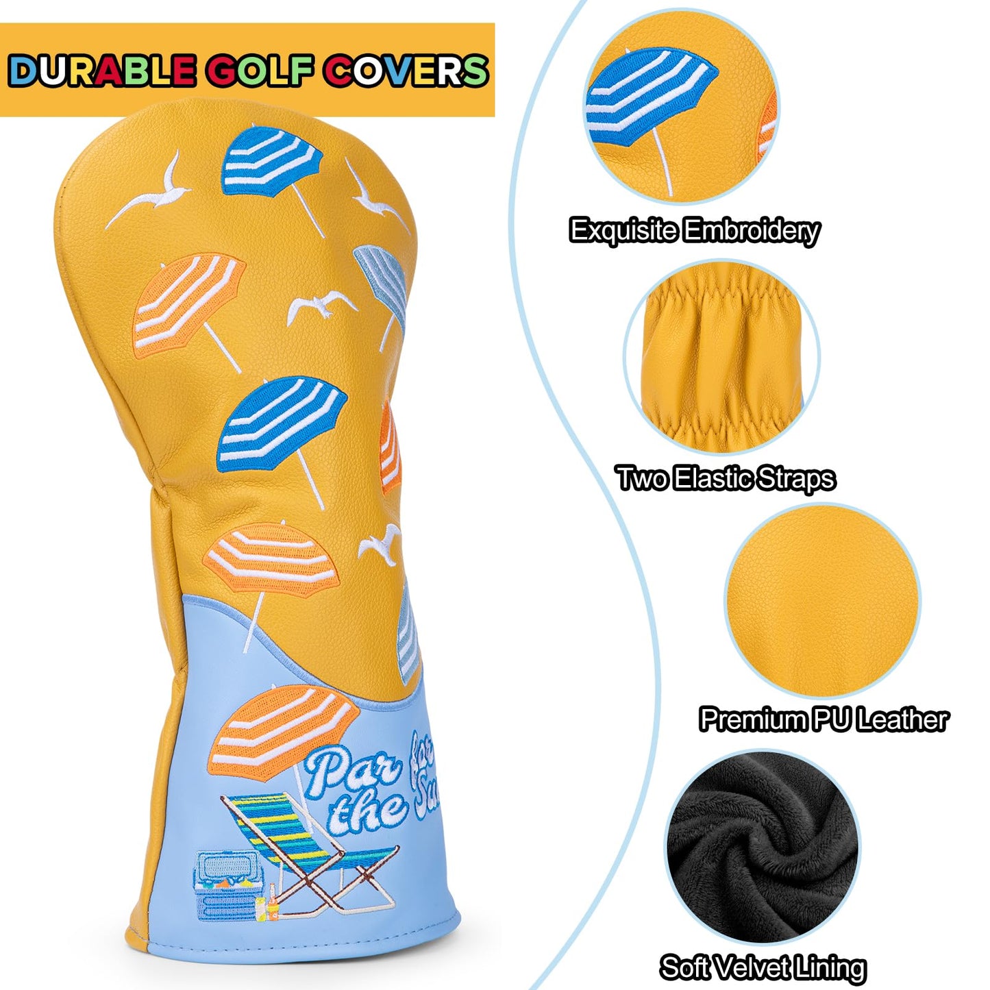 Golf Club Head Covers, Summer Beach Umbrellas Golf Driver Covers, Fairway Wood and Hybrid Head Covers with Interchangeable Tags, Premium PU Leather Golf Club Covers (Fairway)