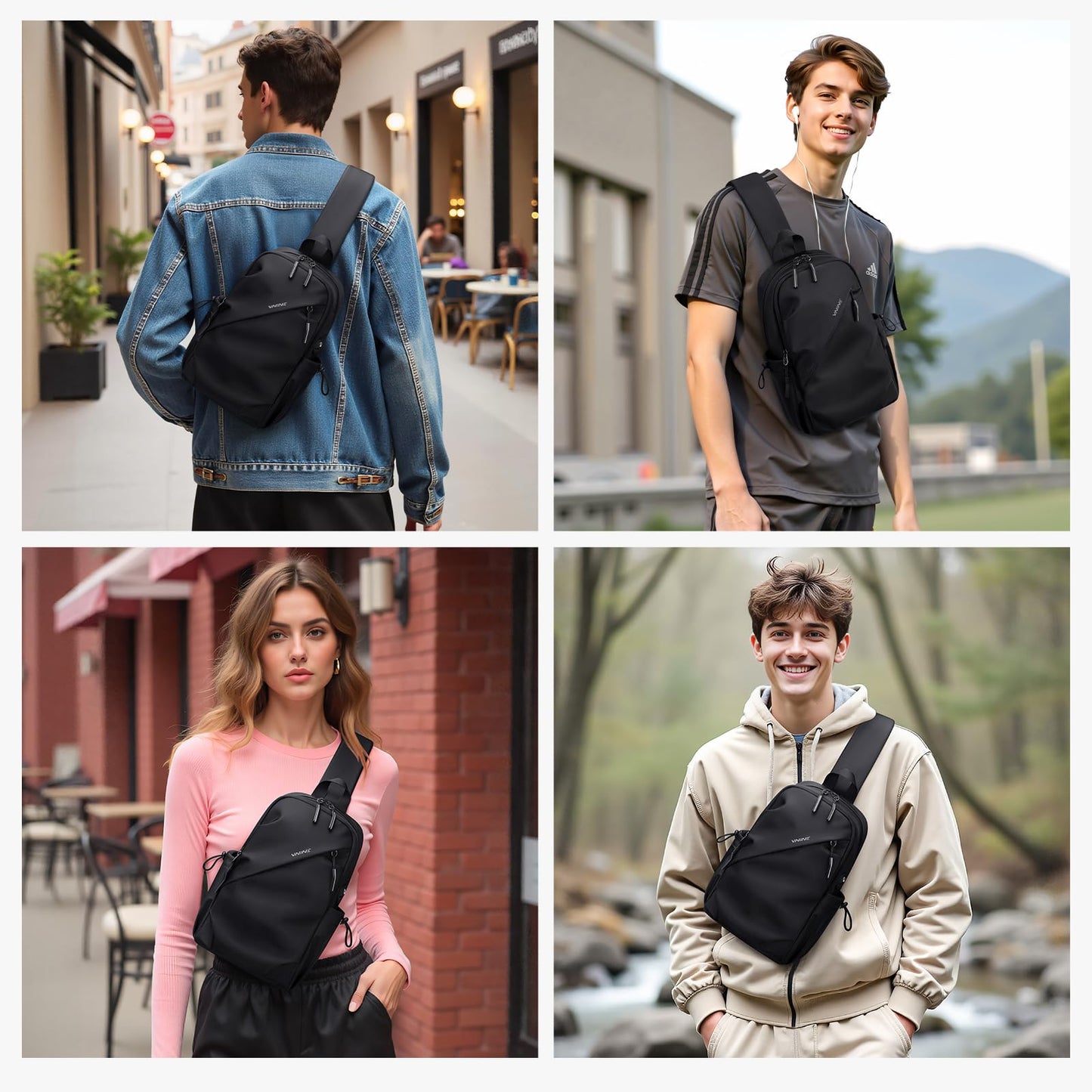 VNINE Small Sling Crossbody Backpack Shoulder Bag for Men Women, Lightweight One Strap Back Pack Sling Bag Backpack for Hiking Walking Biking Travel Cycling with Headphone Port