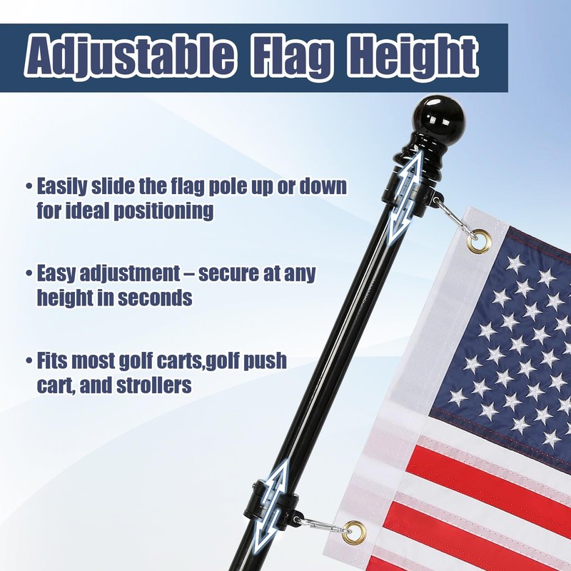 CHENGWEI Golf Cart Flag Holder & Flag Pole Mount Kit, Heavy Duty Aluminum Alloy Windproof Bracket Fits EZGO Club Car Yamaha, Push Cart, Boat, Bike, Includes USA Flag for Independence Day Decor