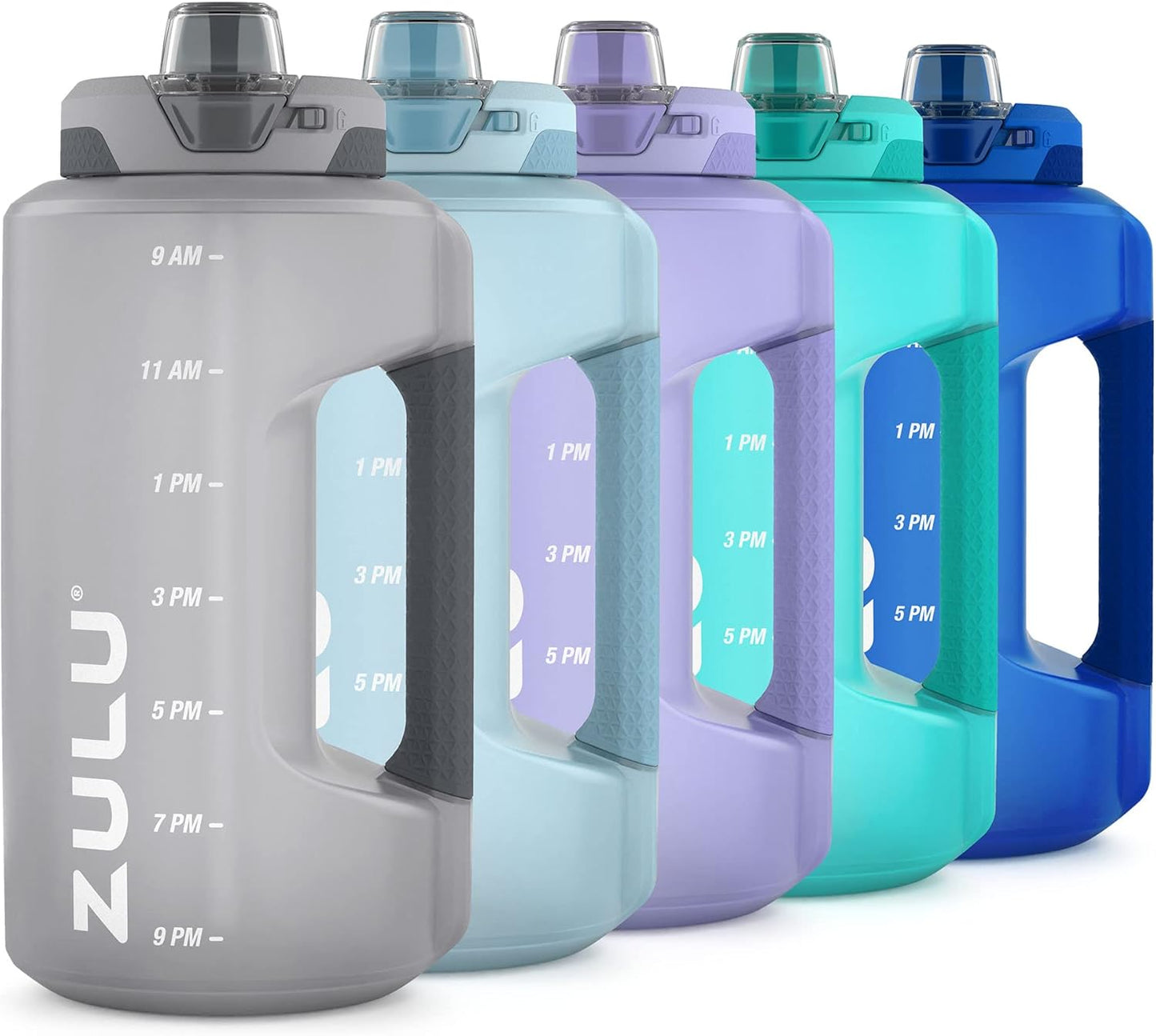 ZULU Goals 64oz Half Gallon Water Bottle - Reusable Jug with Straw, Time Marker & Leak-Proof Lid | Grey