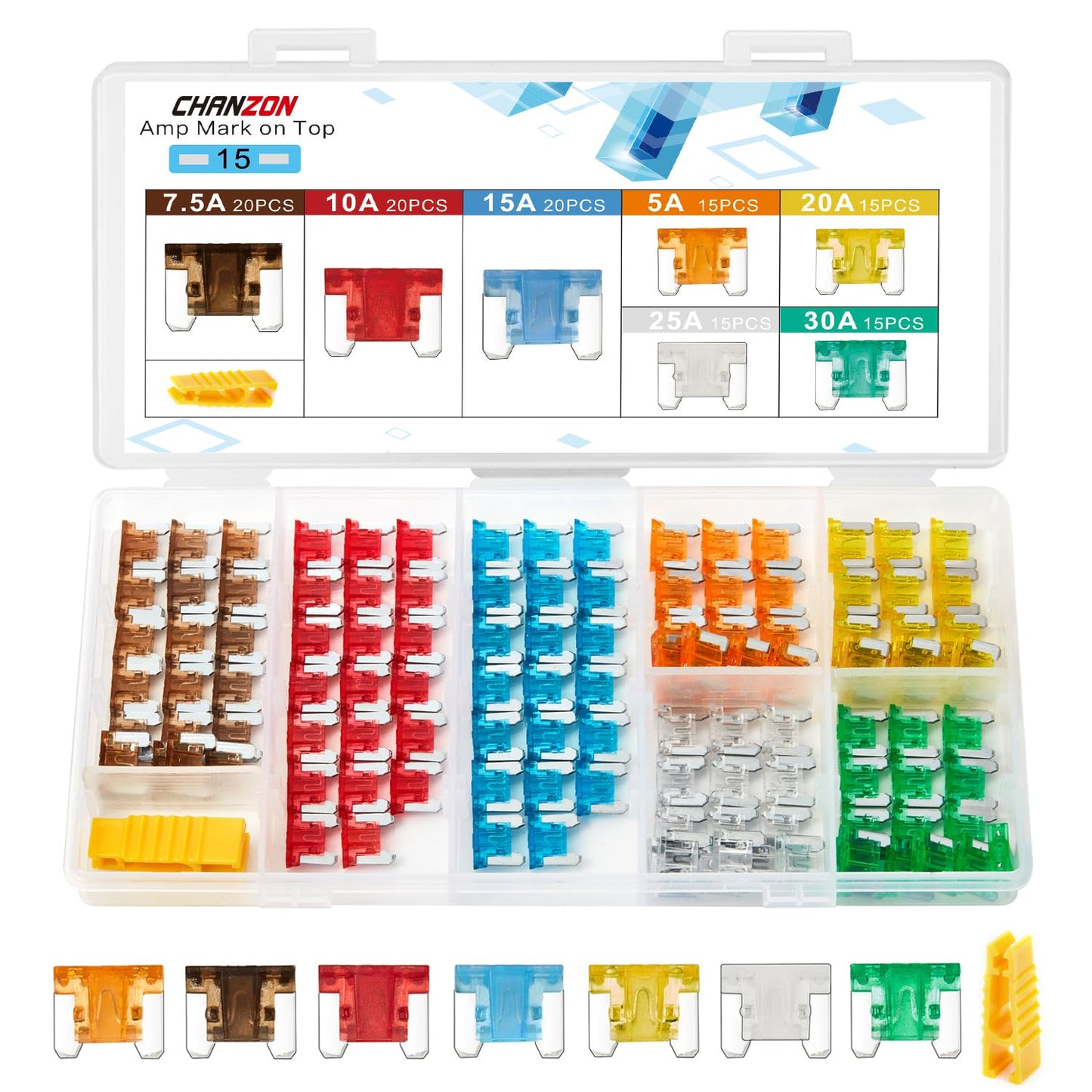 Chanzon 120pcs Micro Low Profile Mini Blade Fuse Assortment Kit Box (5A 7.5A 10A 15A 20A 25A 30A) for Auto Car Truck RV Automotive Motor Boat Replacement