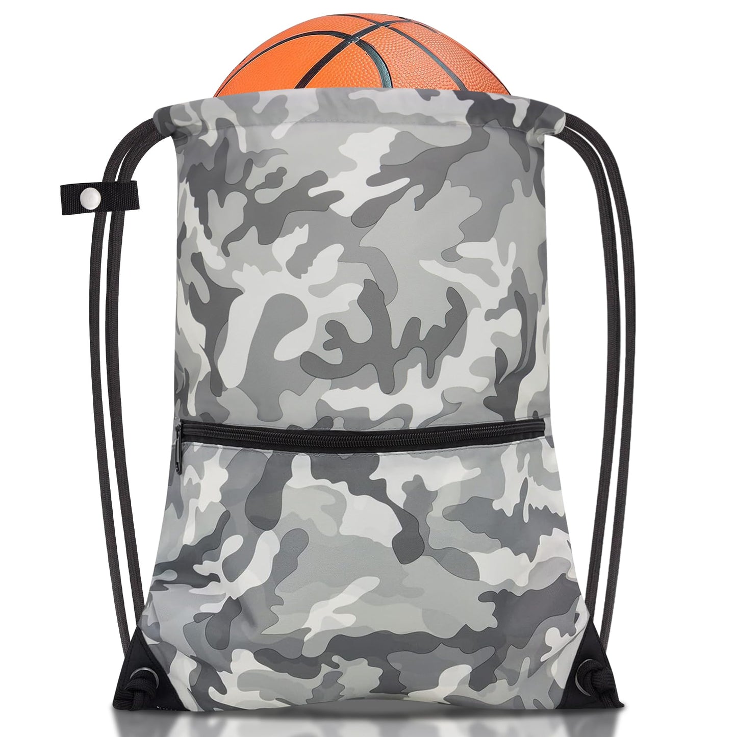 CALACH draw string back bag, Large Gym Sports string backpack for men and women with front zipper pocket and inside zipper pocket to keep key or phone (Grey camo)