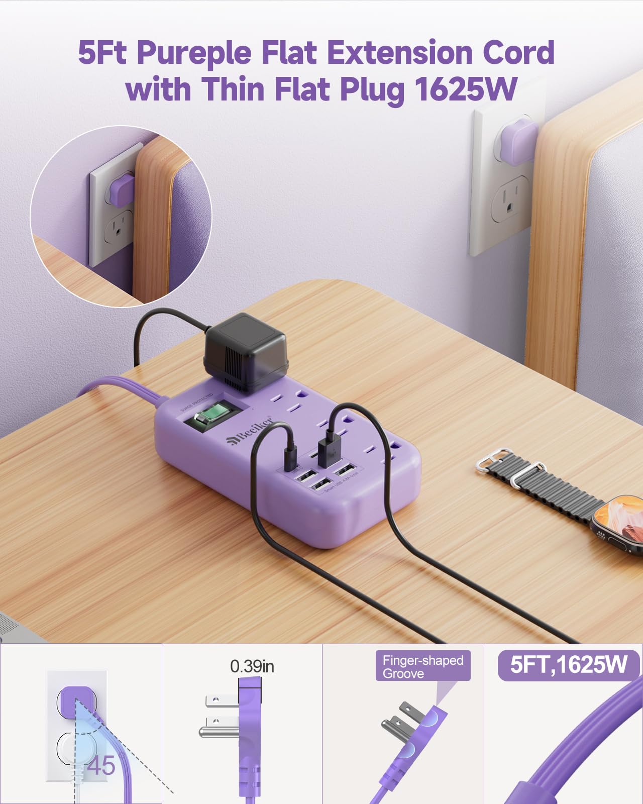 6 USB(2 USB C) Purple Travel Power Strip- 5Ft Lavender Extension Cord with 24W USB Charging Station and 4 Outlets, Purple Desk Accessories with Surge Protector for Cute Kawaii Office Dorm Room