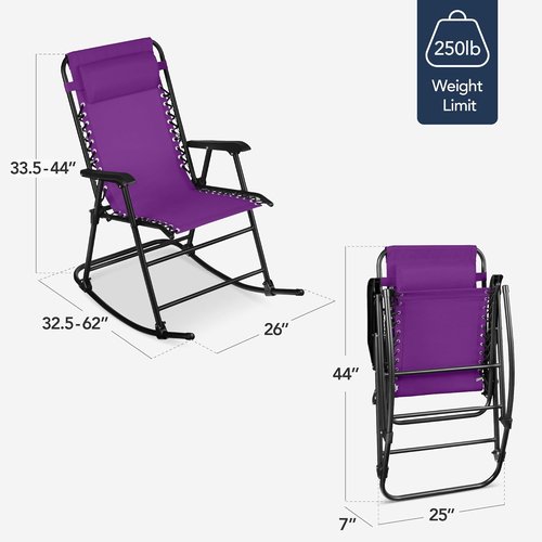Best Choice Products Outdoor Zero Gravity Rocking Chair - Folding Reclining Patio Lounge with Adjustable Pillow, Amethyst Purple
