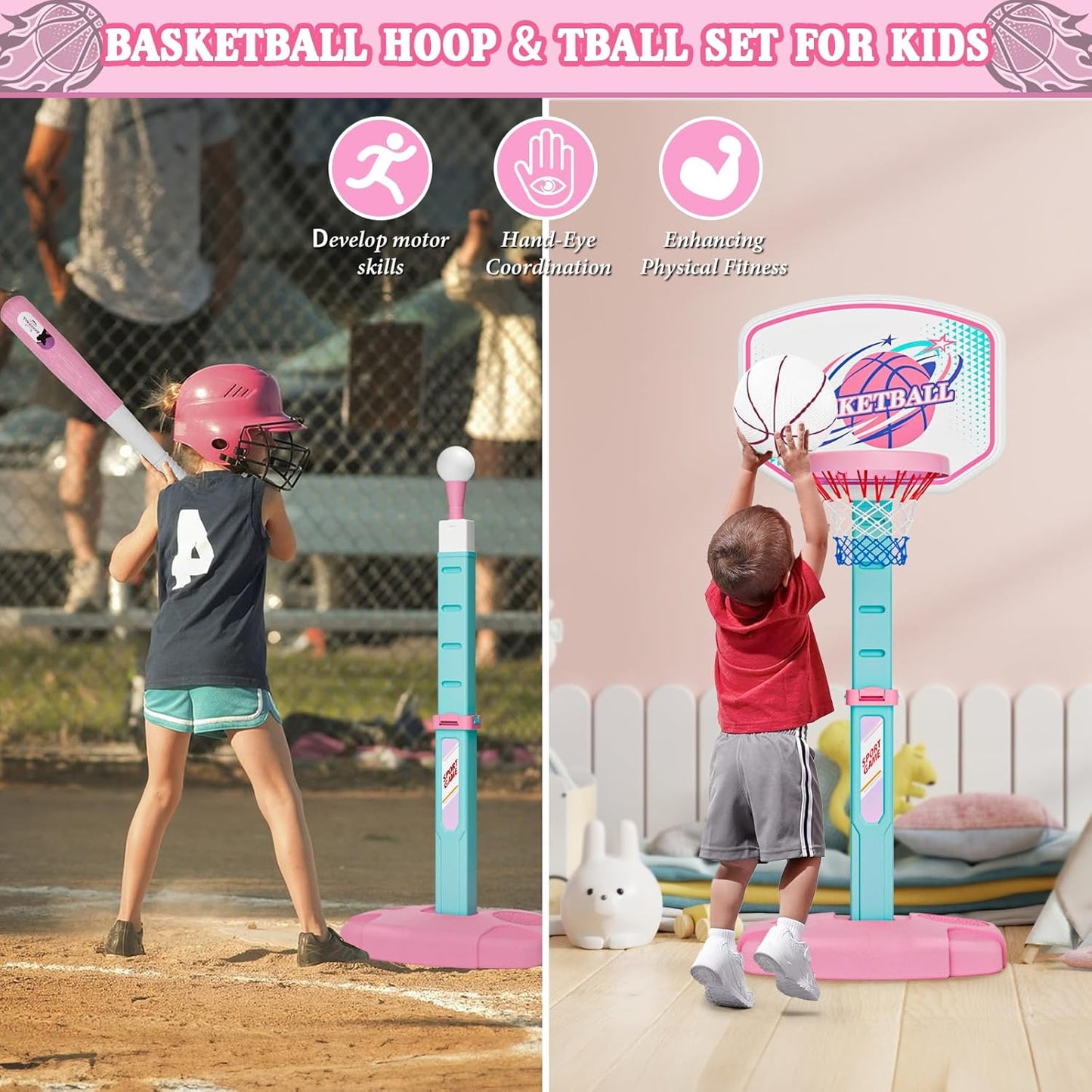 Skiennix 3-in-1 Basketball Hoop & Tee Ball Set - Adjustable Height, Automatic Pitching Machine | Pink, Indoor/Outdoor Sports Toy for Kids Ages 1-8