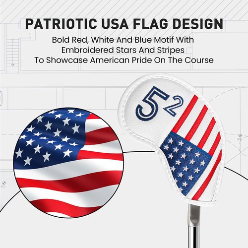 Golf Iron Wedge Head Covers 52° 54° 56° 60° 1 Pc, Stylish Leather Headcover Club Head Protection for Irons, Clover USA Flag Design for Men Women (52°, 56°, 60°(USA Flag))