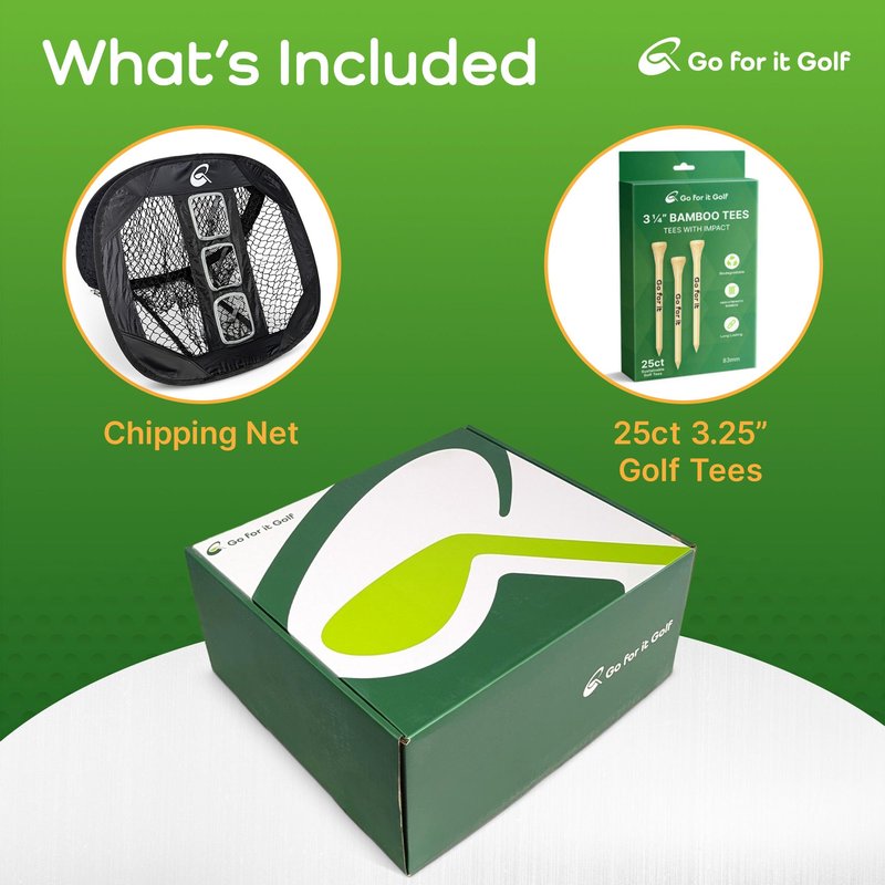 Go For it Golf Kit - Golf Training Accessories for Indoor, Outdoor, or Backyard Practice - Includes a Collapsible, Pop Up Chipping Net and 25ct of 3.25" High Strength Wooden Golf Tees