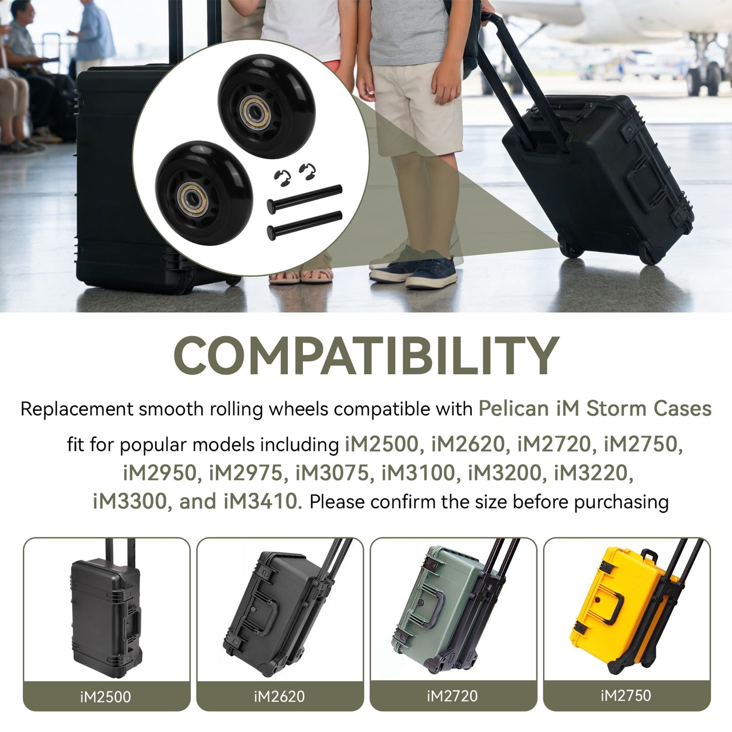 2 Pack Replacement Wheels Compatible with Pelican Storm iM Series Rolling Cases, Heavy Duty Durable Travel Case Wheels for iM2500 iM2620 iM2720 iM2950 iM2975 and More
