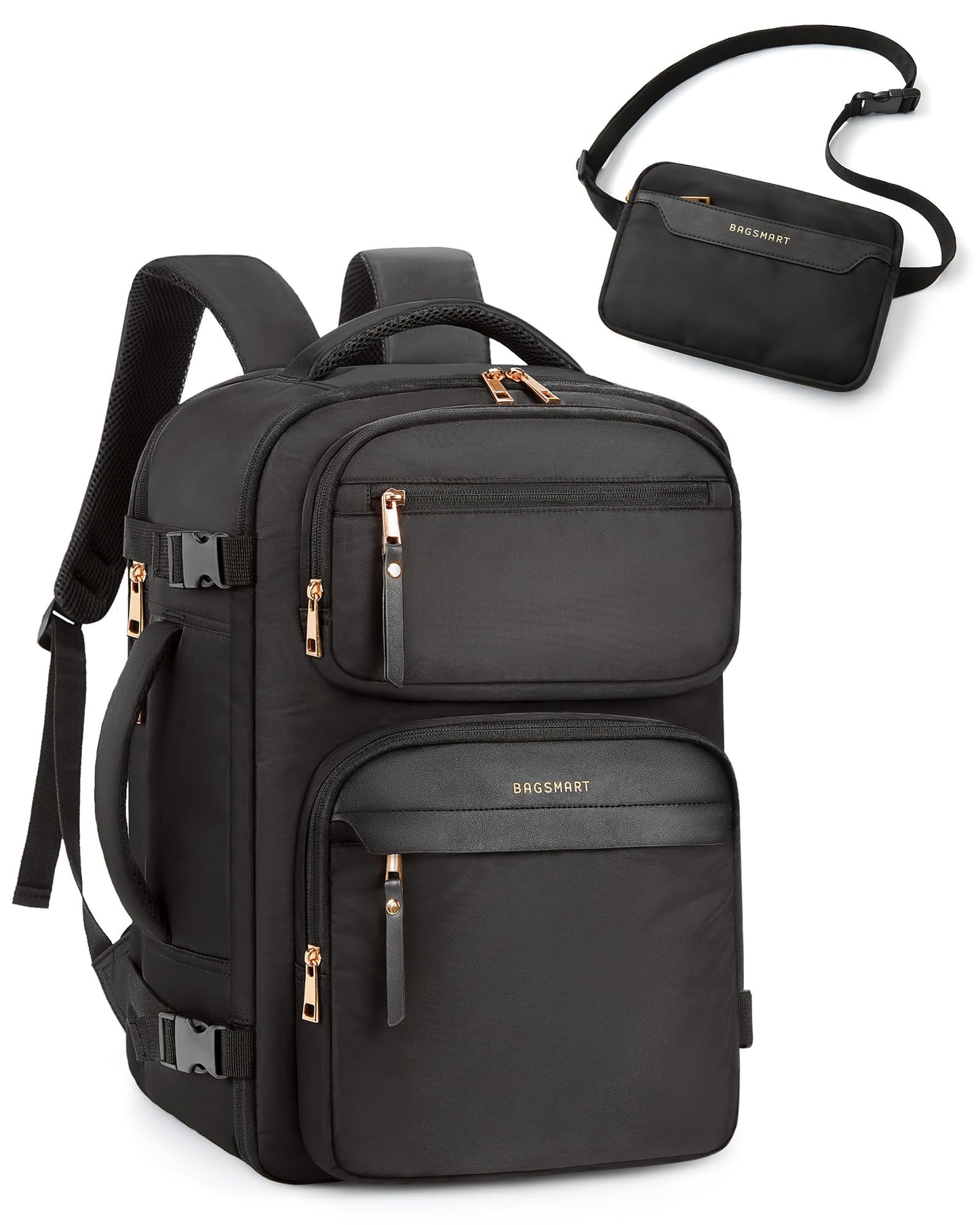 BAGSMART Womens Backpack Carry On Flight Approved, Travel Backpack for Women with Waist Bag, Traveling Lightweight Weekender Casual Daypack 17.3" Laptop Work Back pack Personal Item Travel Bag, Black