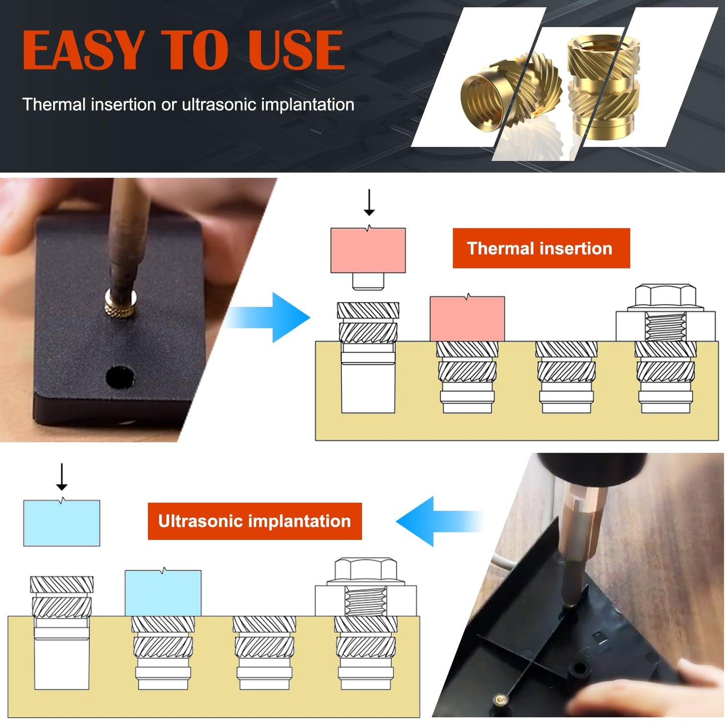 Ktehloy 150Pcs M3 Threaded Inserts, M3 Female Thread Metric Knurled Nuts Assortment Kit, Brass Heat Set Insert for Plastic and 3D Printing Components (M3x4x5, M3x6x5)