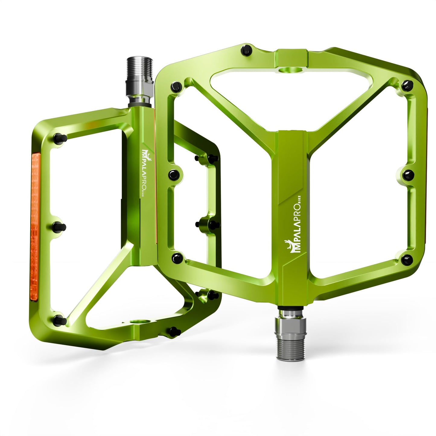 IMPALAPRO Flat Bike Pedals with Reflectors CNC Aluminium 9/16” – MTB Pedals with Extra Wide Platform and Removable Anti-Slip Pins – Lightweight Pedals for Mountain Bike & Road Bike 355 g (Lime)