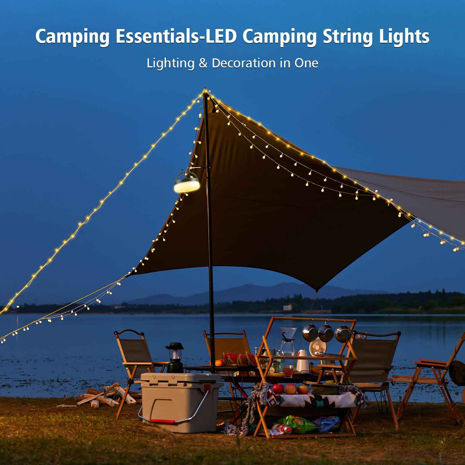 Camping String Lights 33ft, 4 in 1 Rechargeable 100 LED Outdoor Tent String Lights with 14 Lighting Modes Remote Control Waterproof with Timer Function for Camping Gear Essentials Hiking Yard Garden