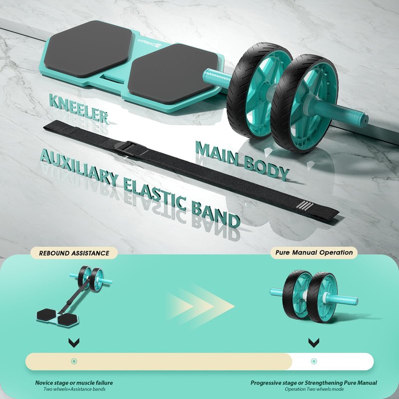 CHNApin Double-Wheel Ab Roller for Core Training – Rebound Design with Adjustable Elastic Band, Silent Non-Slip Wheels, Detachable Build, Knee Pad & Bands – Home Gym Gear for Men/Women (Green)