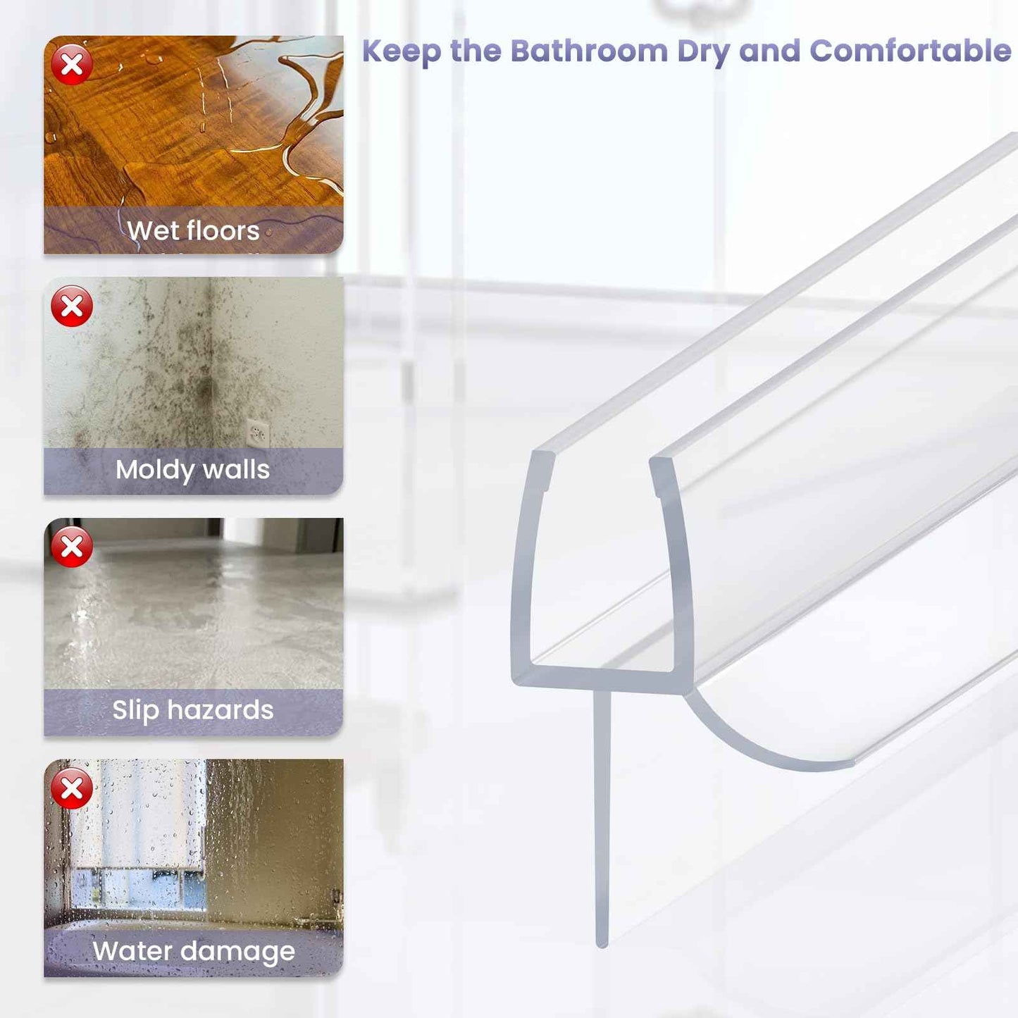 2PCS Shower Door Bottom Seal Strip, Clear PVC, 36" Length, Fits 6mm Thick Glass, Prevents Leaks & Water Damage, Easy Installation, No Adhesive Required (Clear, 36in for 1/4"(6mm) Door)