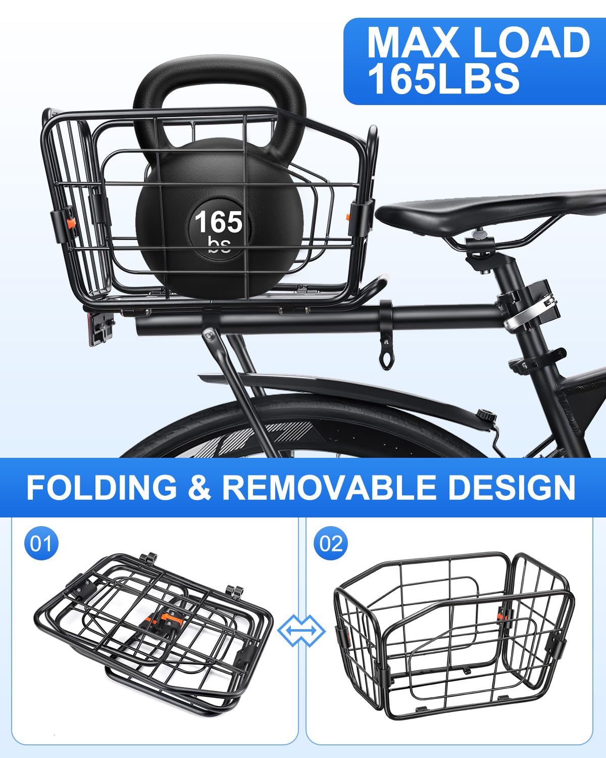 POWVINE Rear Bike Basket, Aluminum Bike Cargo Rack, 22L Capacity Bicycle Basket, Foldable & Removable for Adult Bikes (Tube≤34mm), 165lbs Capacity, Includes Reflector & Bungee Cords