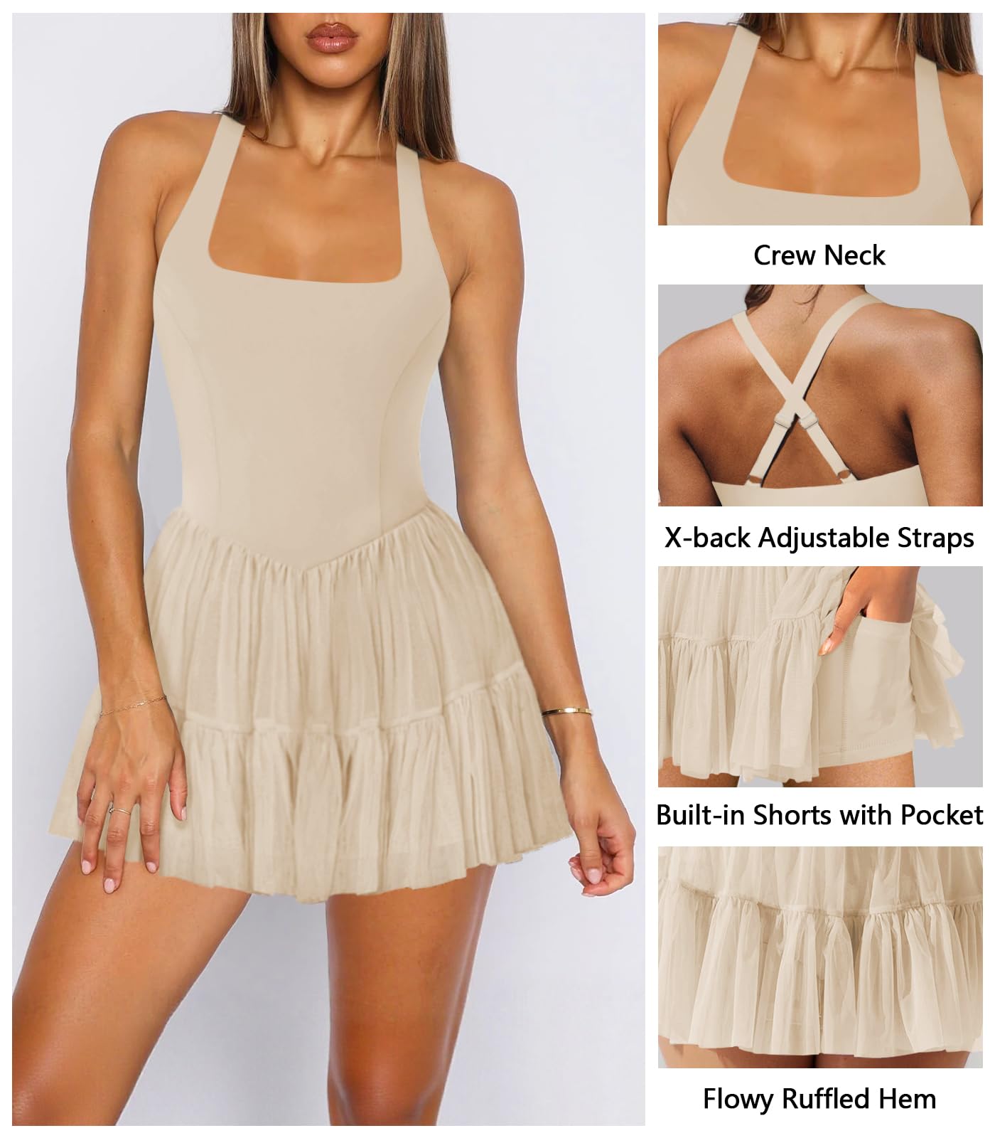 Hragc Women's Tennis Flowy Pleated Ruffle Athletic Dress for Women Halter Neck Sleeveless Mini Golf Dress with Shorts Pocket