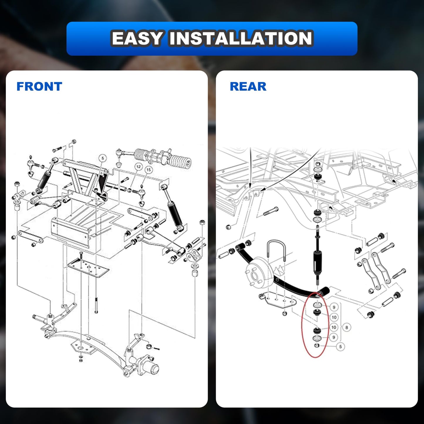 Front and Rear Golf Cart Shock Absorbers Compatible with 1988-up Club Car DS G&E, 2004-up Precedent G&E Replace# 1014235, 1014236, 1010991, 1015813