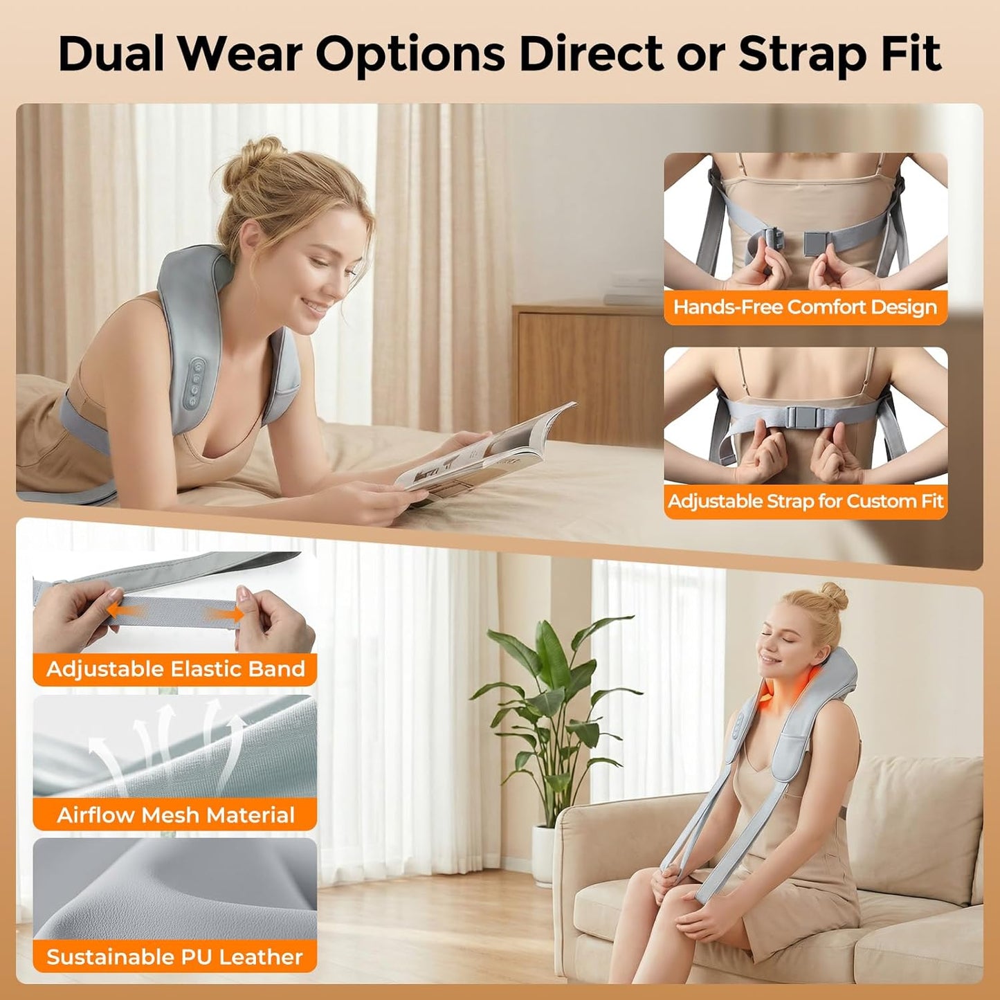 Skiennix Neck Massager - Shiatsu Heat Therapy for Pain Relief | 6D Deep Tissue Kneading, Portable Gray Design