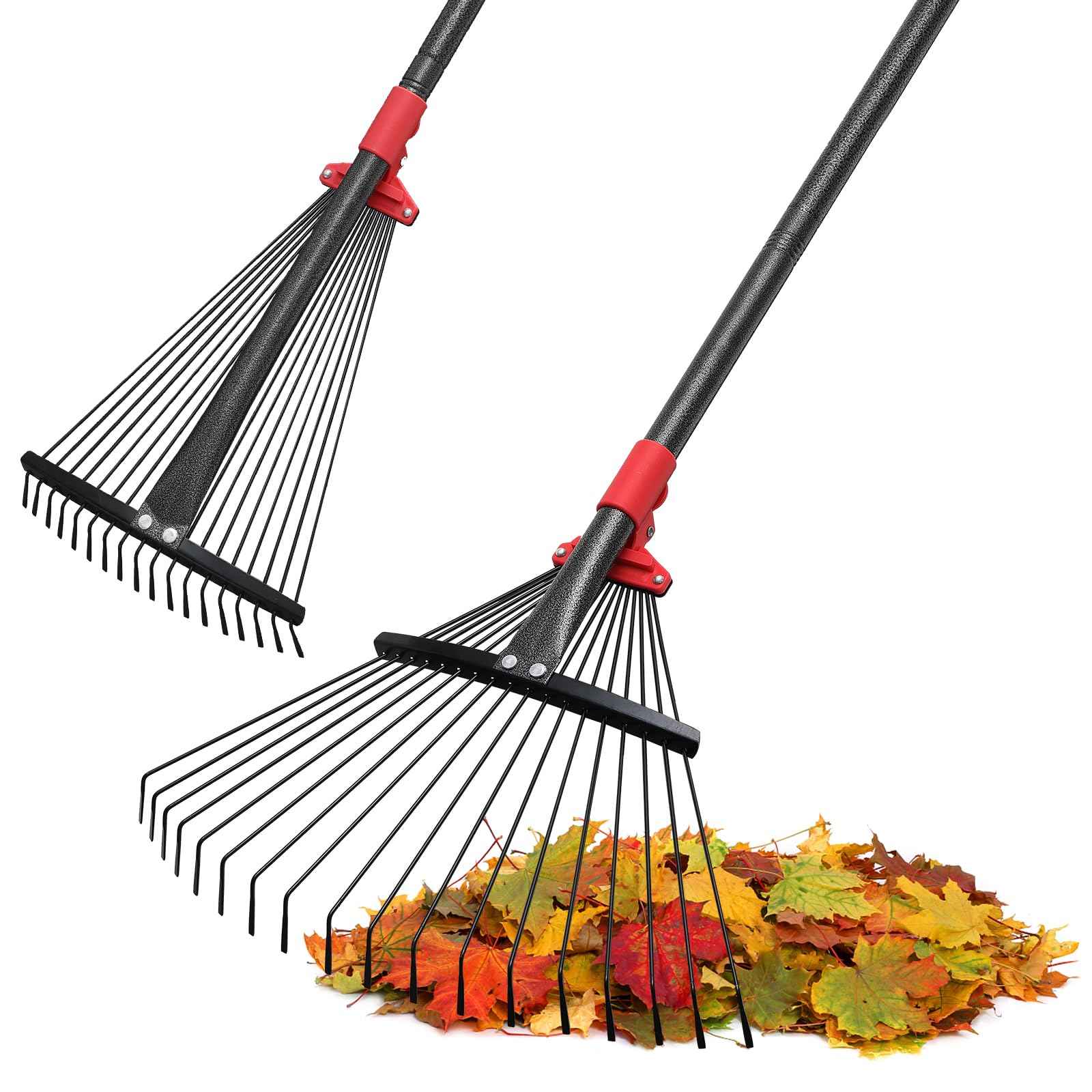 Rake, Adjustable Rakes for Leaves with 9”-17” Head, Rakes for Lawns Heavy Duty, 60 in Garden Rake with 18 Clog-Free Tines, Long Handle, Metal Gardening Tool, Fast Cleanup, Easy Carry for Camping