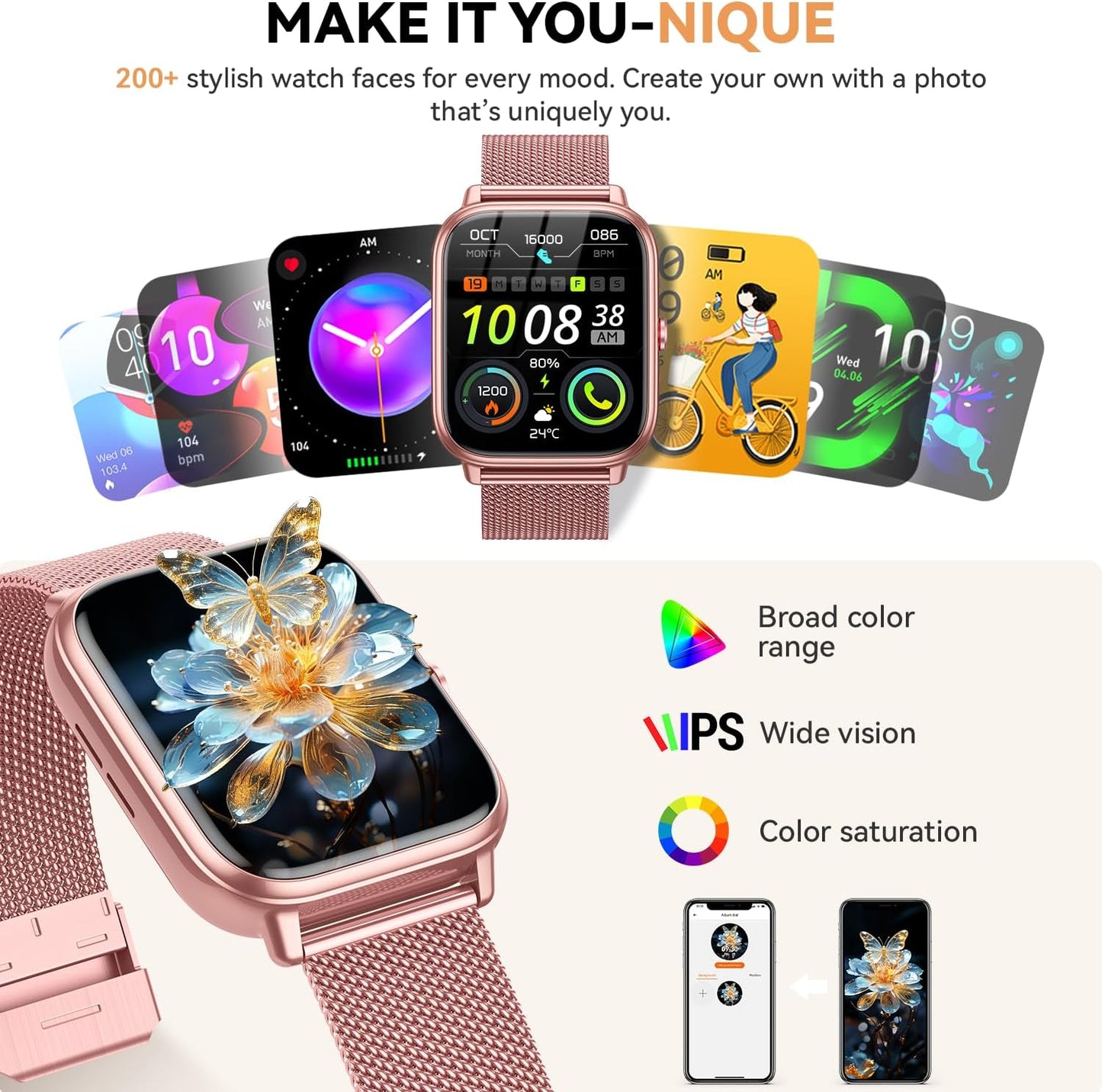 Skiennix Smart Watch | Fitness Tracker with 1000mAh Battery & Sleep Monitor - Pink, 3 Straps, 110+ Sports Modes