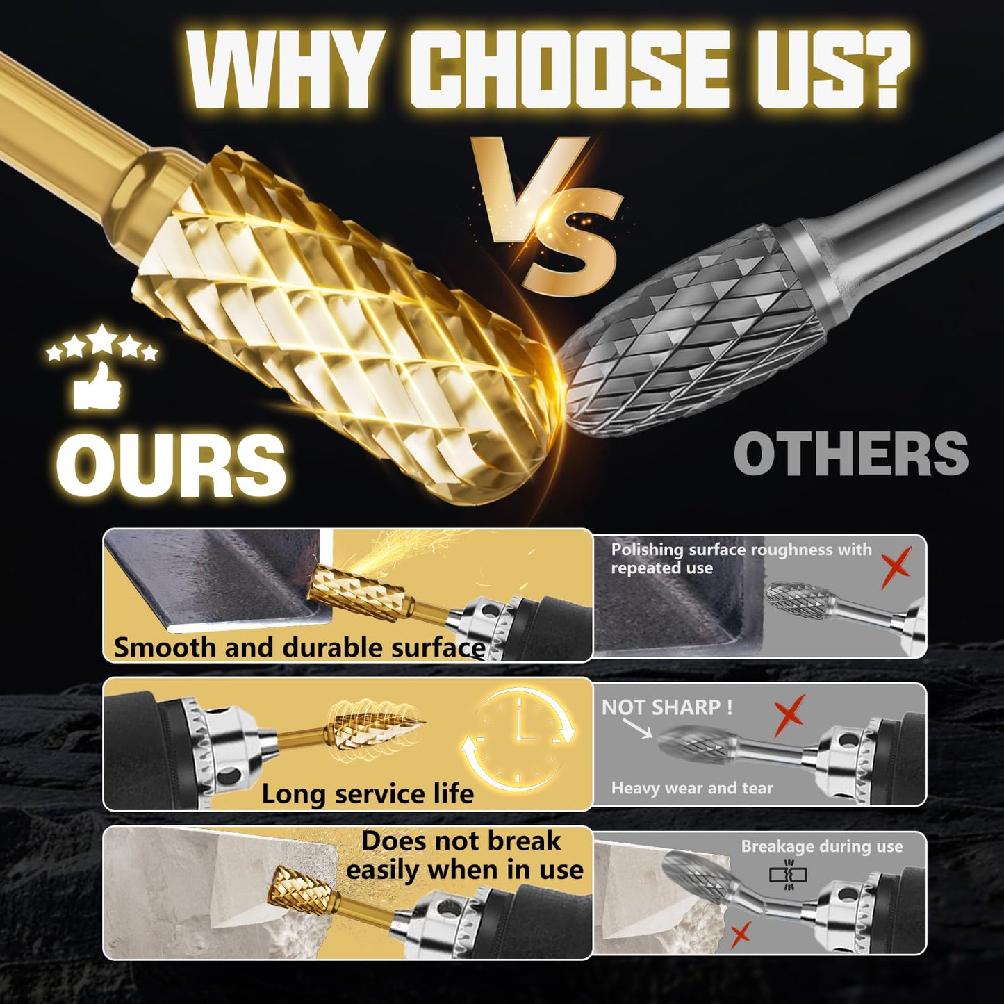 METOTY 10PCS Titanium Gold Carbide Burr Set for Die Grinder Bits, 1/4" Quick-Change Shank,Compatible with Milwaukee & DeWalt | Metal/Wood/Stone Grinding & Cutting | Premium Storage Case