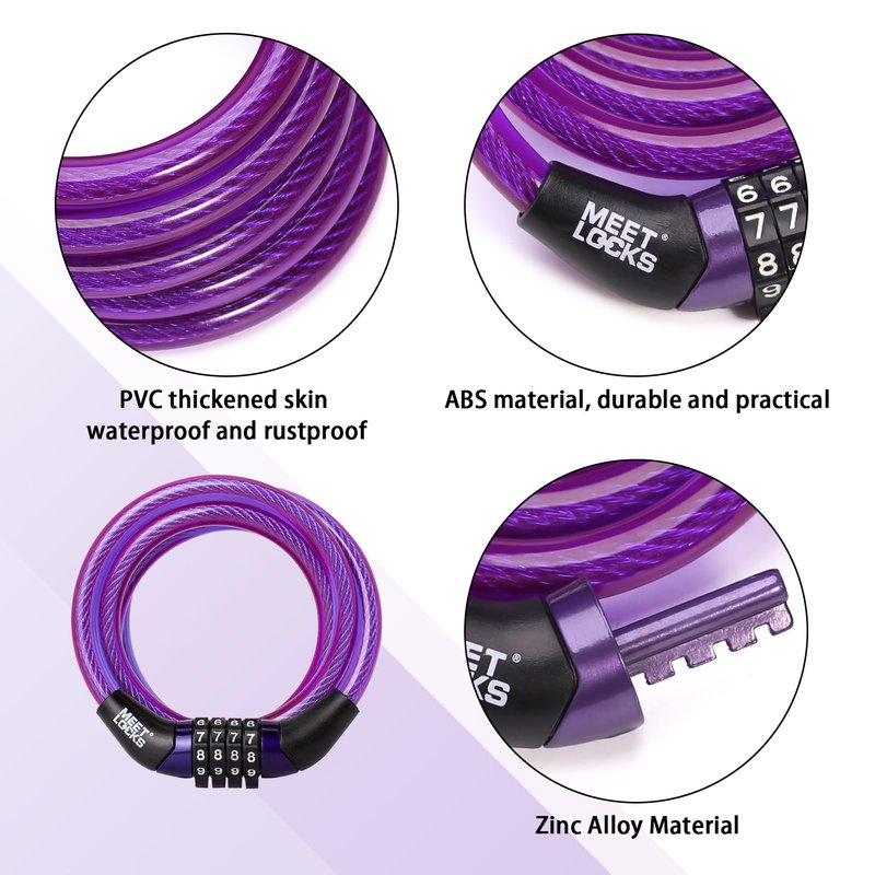 MEETLOCKS Combination Bike Cable Lock, Lightweight Mini Bike Lock for Kids Bike,Cable Size 1/3" x 4', Purple Security Cable Lock